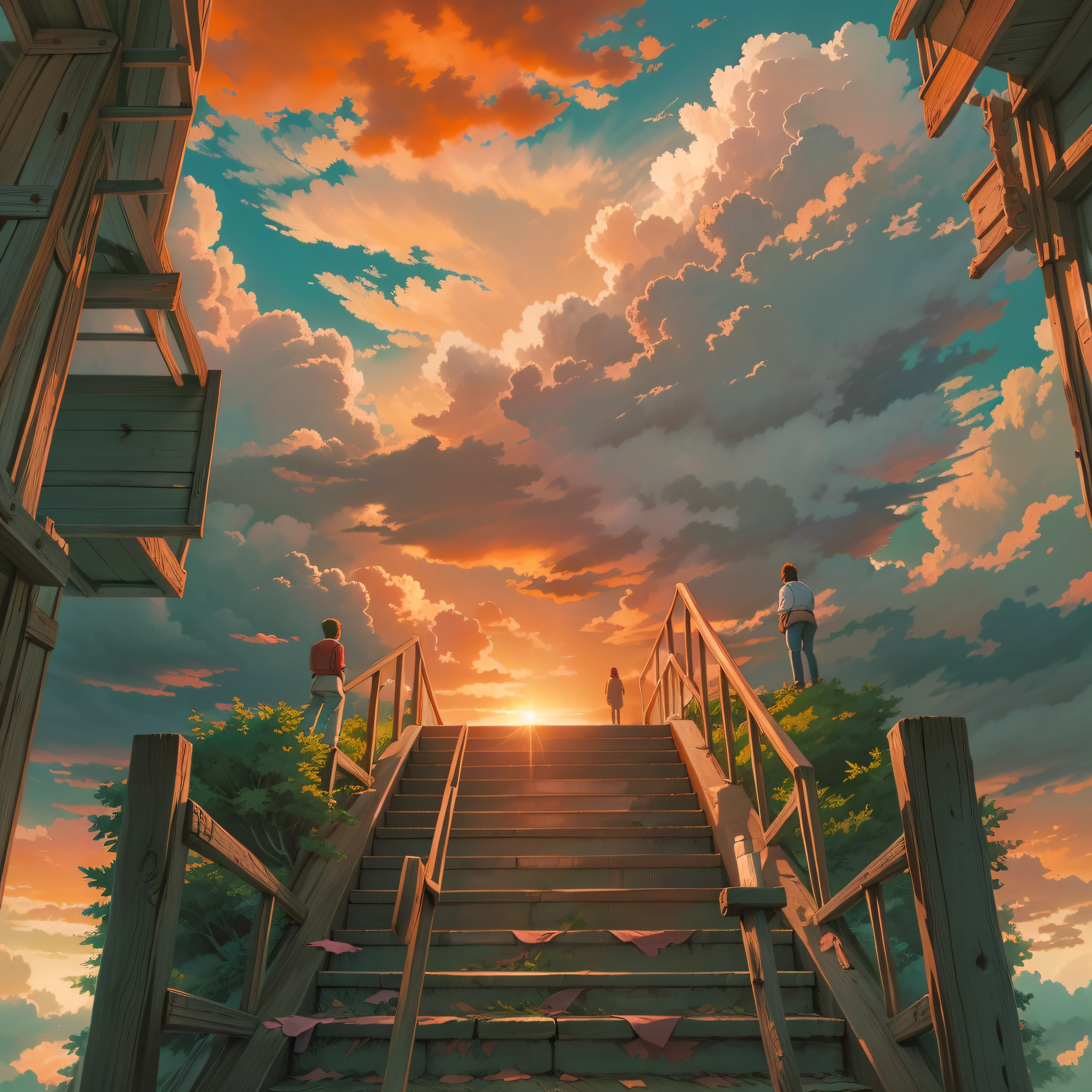 animesque、Skyscape with clouds、Red sunset sky、Deities々Shikai、stairway、You can see the touch of the brush、no human figures、Studio Ghibli、Ghibli、Scenery、Style、The light is sparkling、sky line、low angles