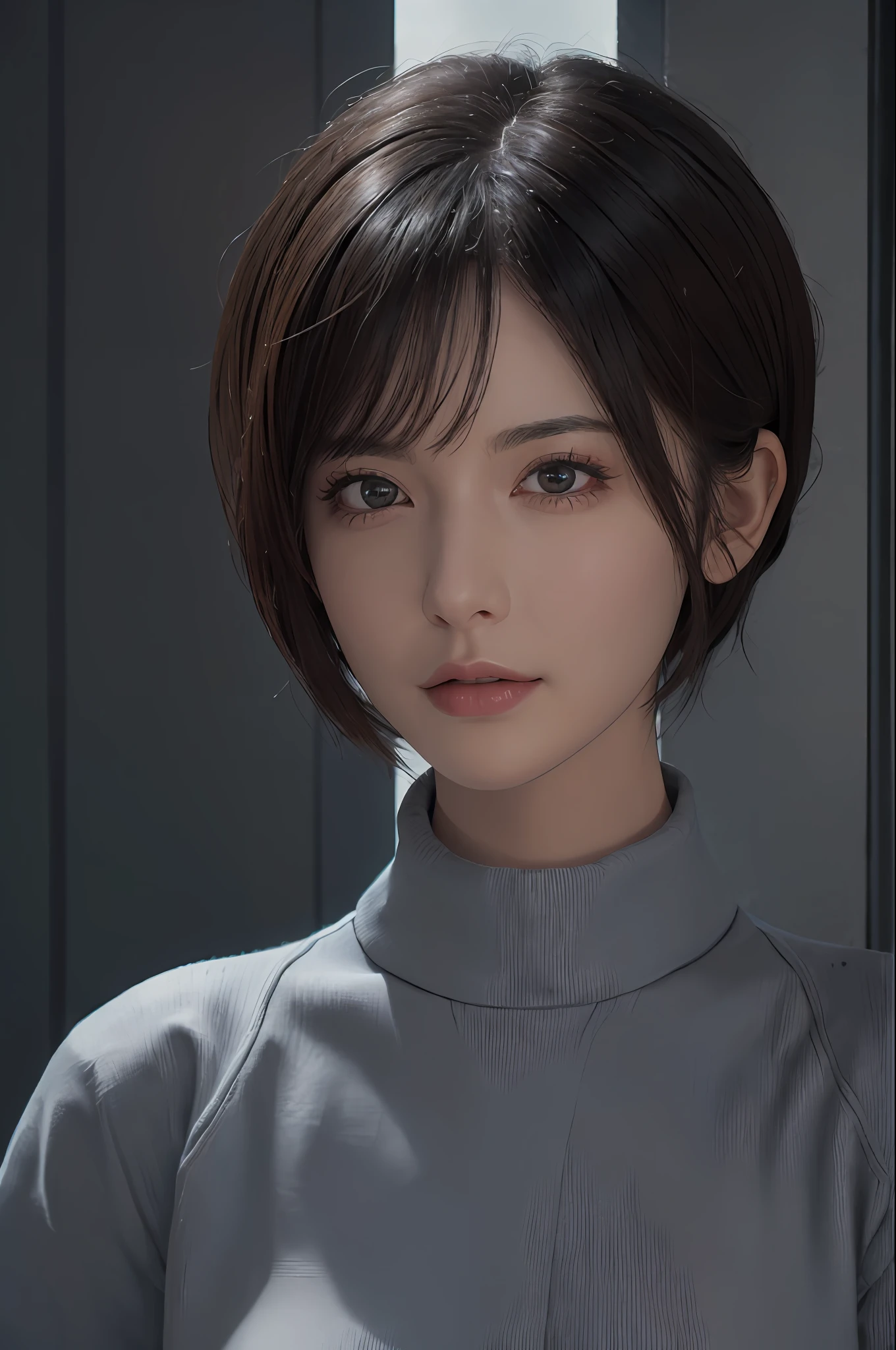 (masterpiece:1.3), (8k, photorealistic, RAW photo, best quality: 1.4), (1girl), beautiful face, (realistic face), (black hair, short hair:1.3), beautiful hairstyle, realistic eyes, beautiful detailed eyes, (realistic skin), beautiful skin, (sweater), absurdres, attractive, ultra high res, ultra realistic, highly detailed, golden ratio