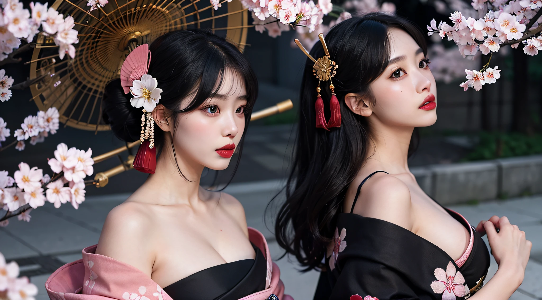 (Top image quality、8k、masuter piece:1.3))、(Realistic:1.2)、(1girl in)、20yr old、huge tit、(geisha hair:1.2)、(night cherry blossom:1.2)、cigarettes、profile、(Deities々Bright gorgeous black and pink kimono:1.2)、(full bodyesbian:1.2)、long kimono、(Oiran:1.3)、Delicat eyes、二重まぶた、(Very dark eyeliner)、red-lips、Soft breasts