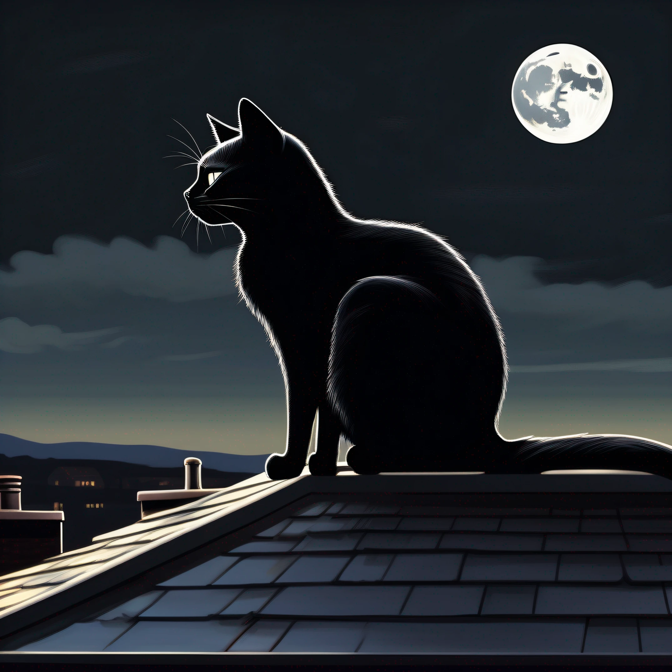 an illustration of a black cat. Alone, with the full moon illuminating the landscape, from the top of a roof, a mixture of curiosity and perplexity on the cat's face. “photography, hyper realistic, very high quality. --air