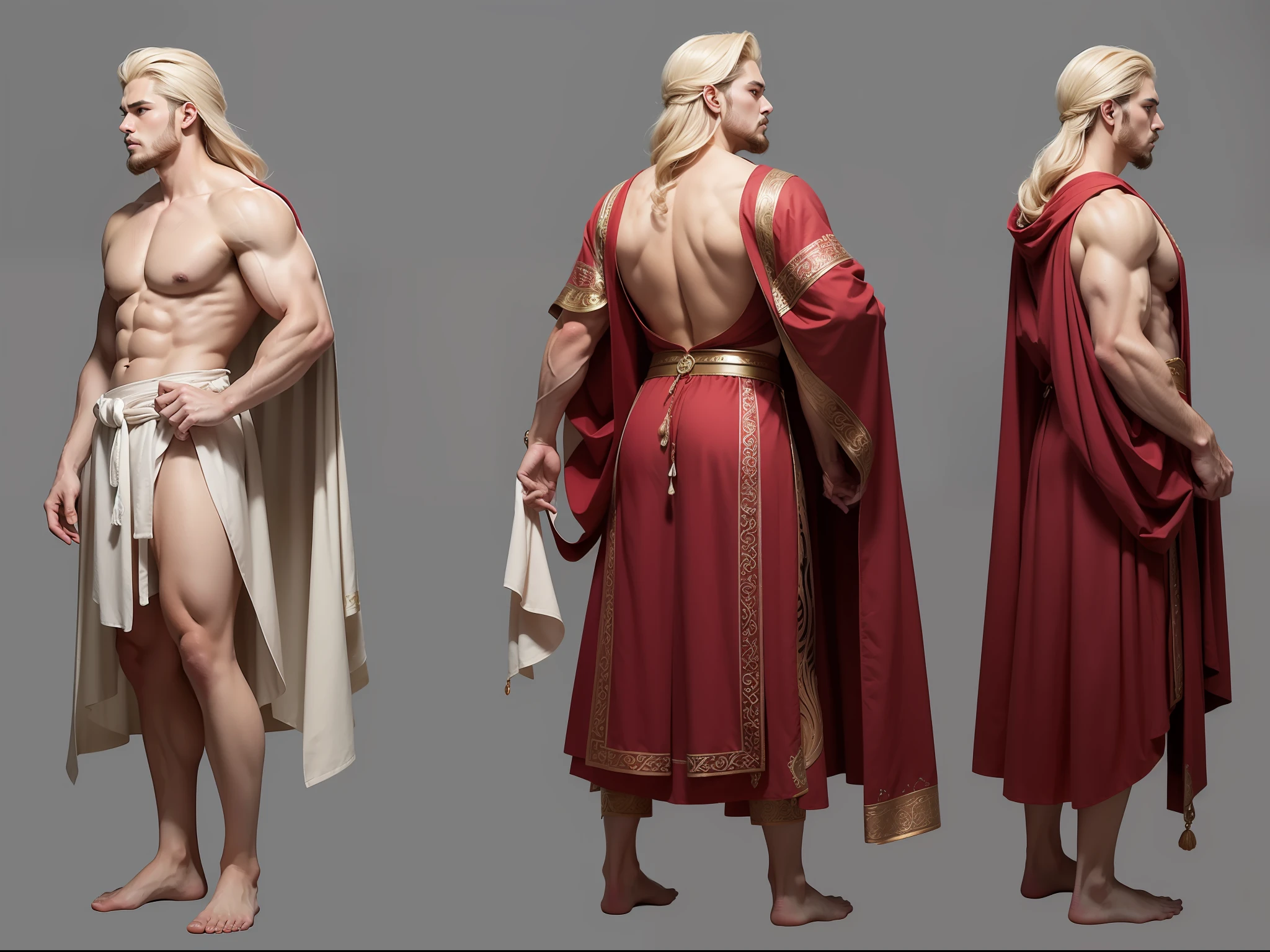 (masterpiece), ultra-detailed, 3 views, character view(front view, side view , back view),ultra detailed to each 3 views, full body, character design, 3 views with different pose, reference sketch of a God, Greek mythology God, Zeus, handsome face detailed, His physical appearance is usually portrayed with a strong and muscular build, wearing traditional Greek clothing, like a flowing robe or chiton, ultra-realistic and sharp detail and intricate, intricate details, and style, simple background illustration