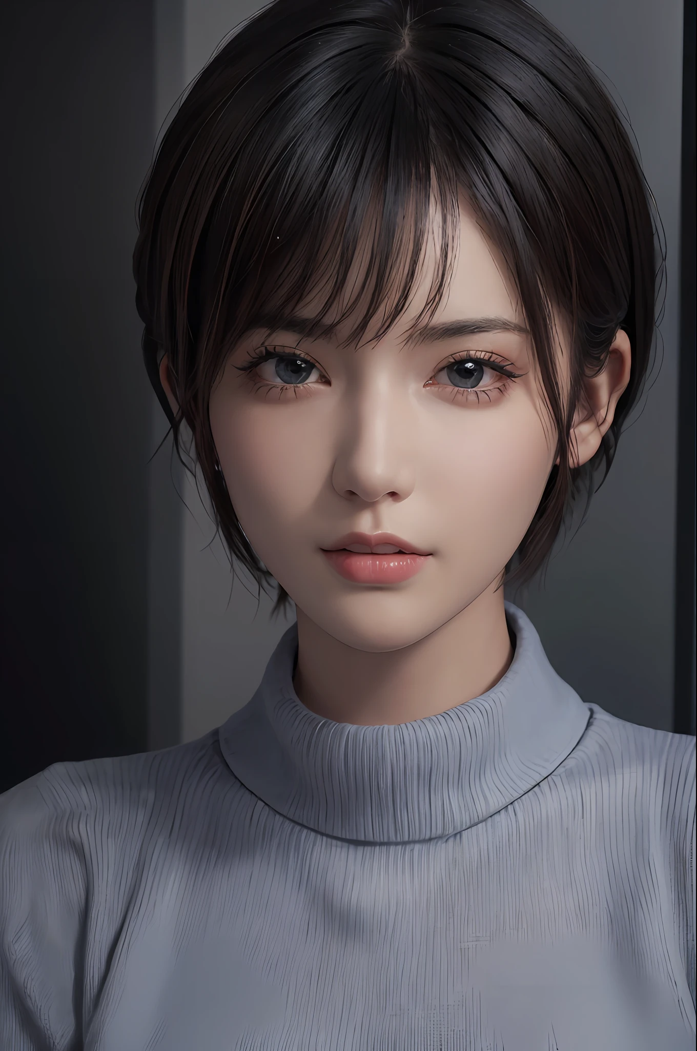 (masterpiece:1.3), (8k, photorealistic, RAW photo, best quality: 1.4), (1girl), beautiful face, (realistic face), (black hair, short hair:1.3), beautiful hairstyle, realistic eyes, beautiful detailed eyes, (realistic skin), beautiful skin, (sweater), absurdres, attractive, ultra high res, ultra realistic, highly detailed, golden ratio