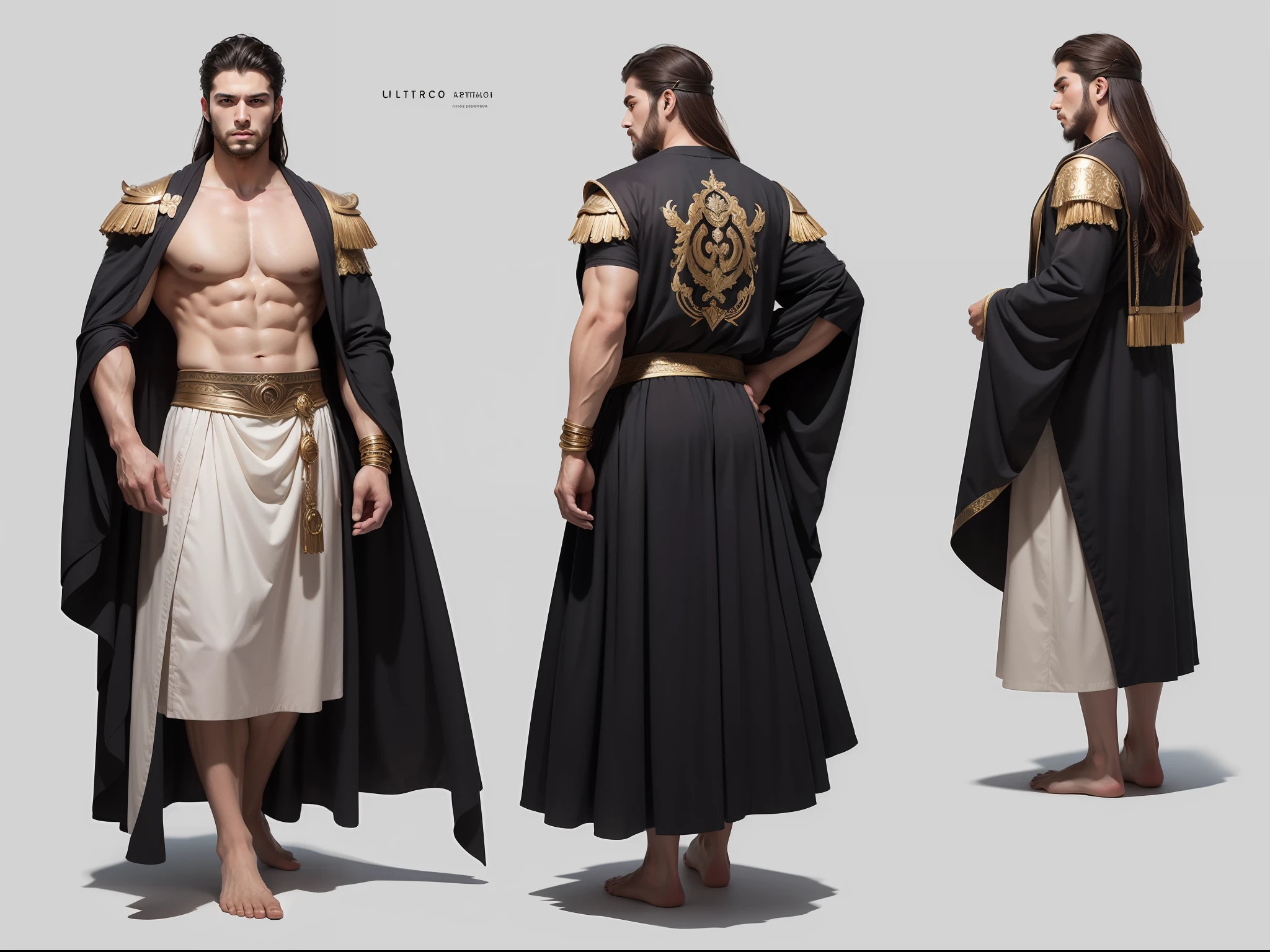 (masterpiece), ultra-detailed, 3 views, character view(front view, side view , back view),ultra detailed to each 3 views, full body, character design, 3 views with different pose, reference sketch of a God, Greek mythology God, Zeus, handsome face detailed, His physical appearance is usually portrayed with a strong and muscular build, wearing traditional Greek clothing, like a flowing robe or chiton, ultra-realistic and sharp detail and intricate, intricate details, and style, simple background illustration