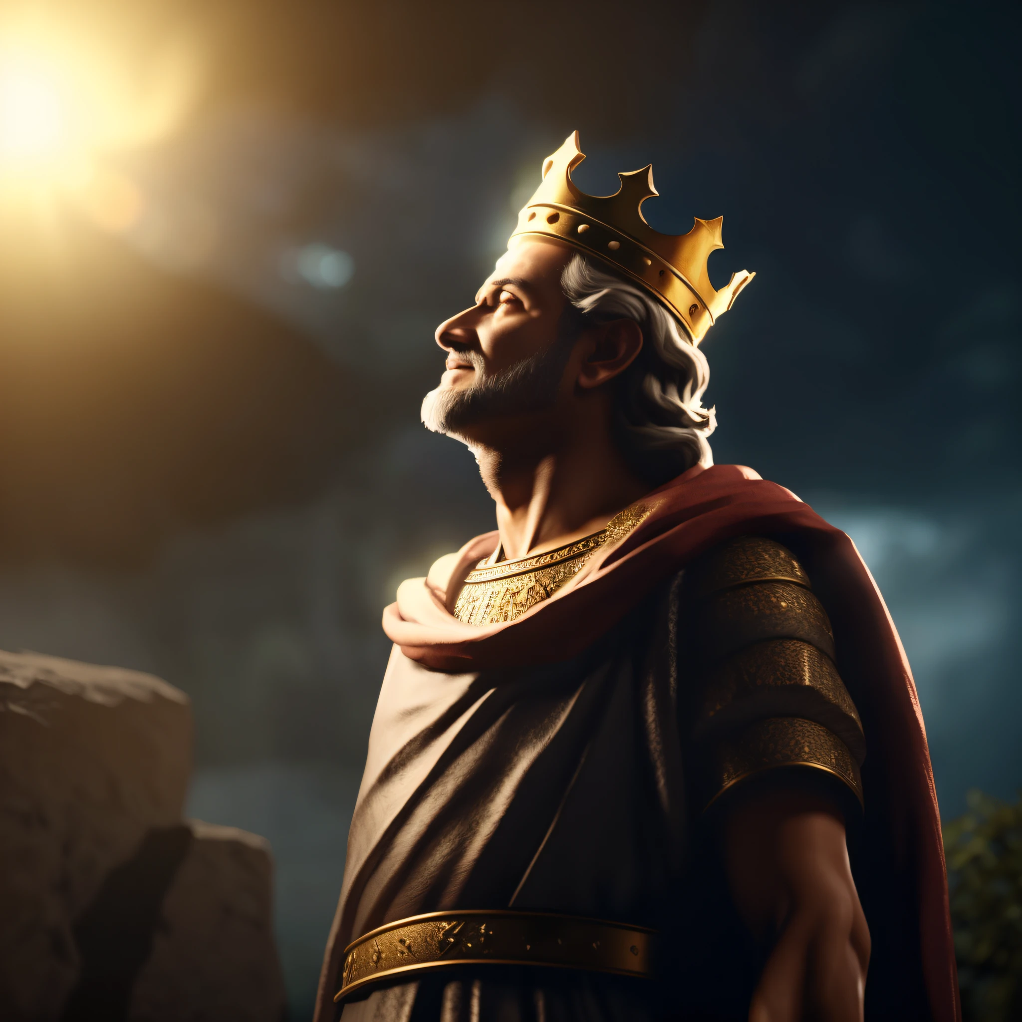 imagem de um homem em uma coroa e uma capa, Velho Rei Medieval, Criado em Unreal Engine 5, renderizado no Unreal Engine 5, master part. renderizado no liquidificador, renderizado em corona, celebrando um rei sendo coroado, Retrato de um Rei, Rei dos Reis, dramatic lighting render, deus imperador, Described as a 3D rendering