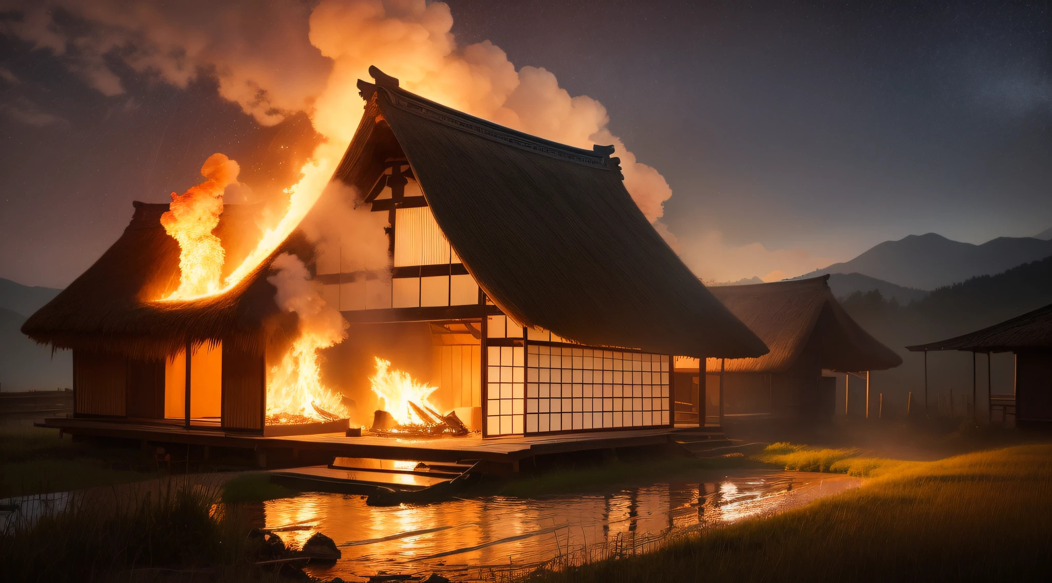 burning building、Yakinohara、Burst into flames、Ancient buildings of Japan、((One-story building))、((Thatched roof))、nighttime scene、natta、wooden、Beautiful landscape painting-like、８K、