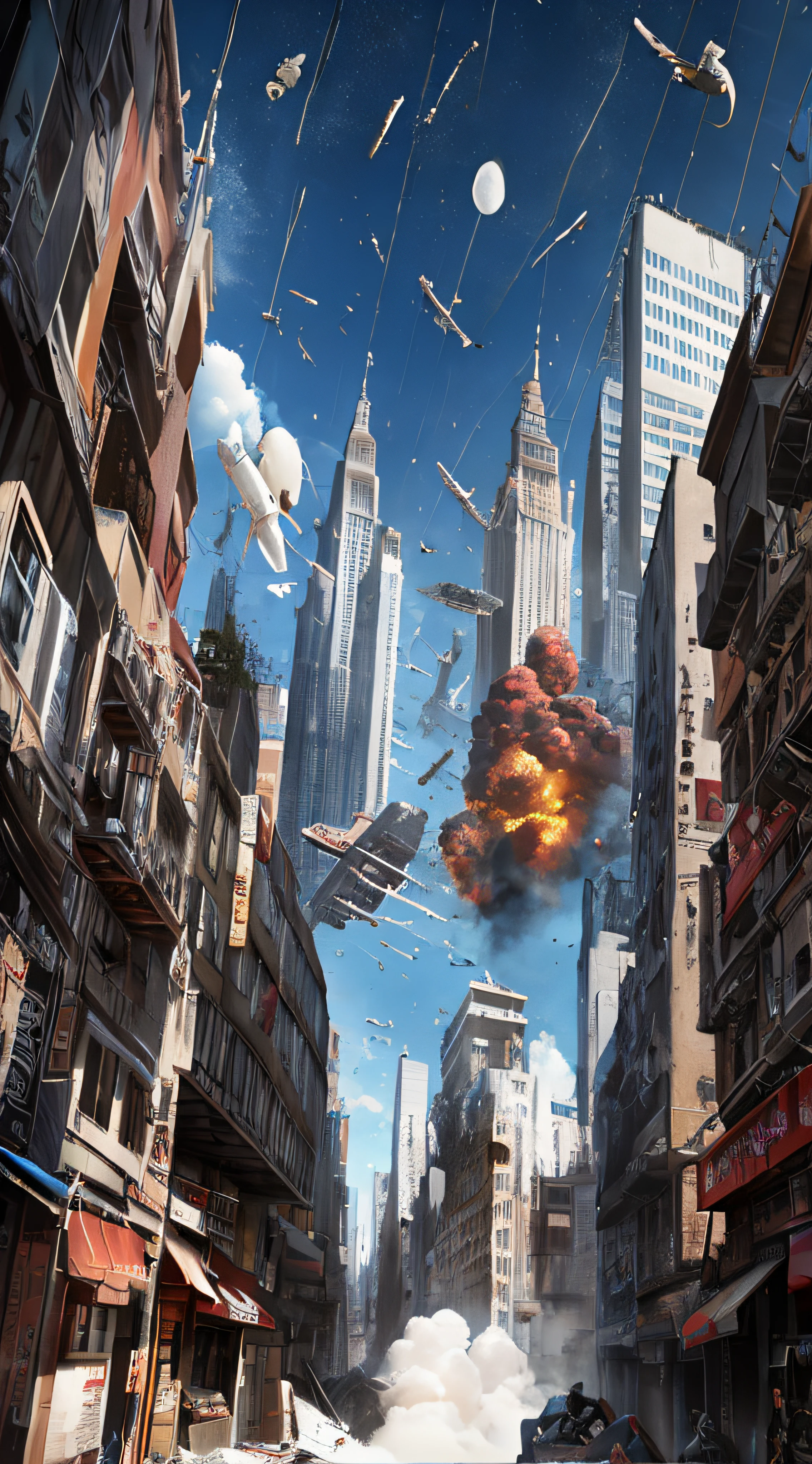 Hay mucha gente caminando por la calle en una ciudad, Sci - Fi Scene Future New York, matte painting comic book art, Destruyendo la ciudad de Nueva York, akira cgi movie stills, Arte digital 4K altamente detallado, Destruyendo un paisaje urbano, stylized urban fantasy artwork, Arte CG, Epic sci-fi digital art, The Akira Explosion, Hermoso arte conceptual 3D