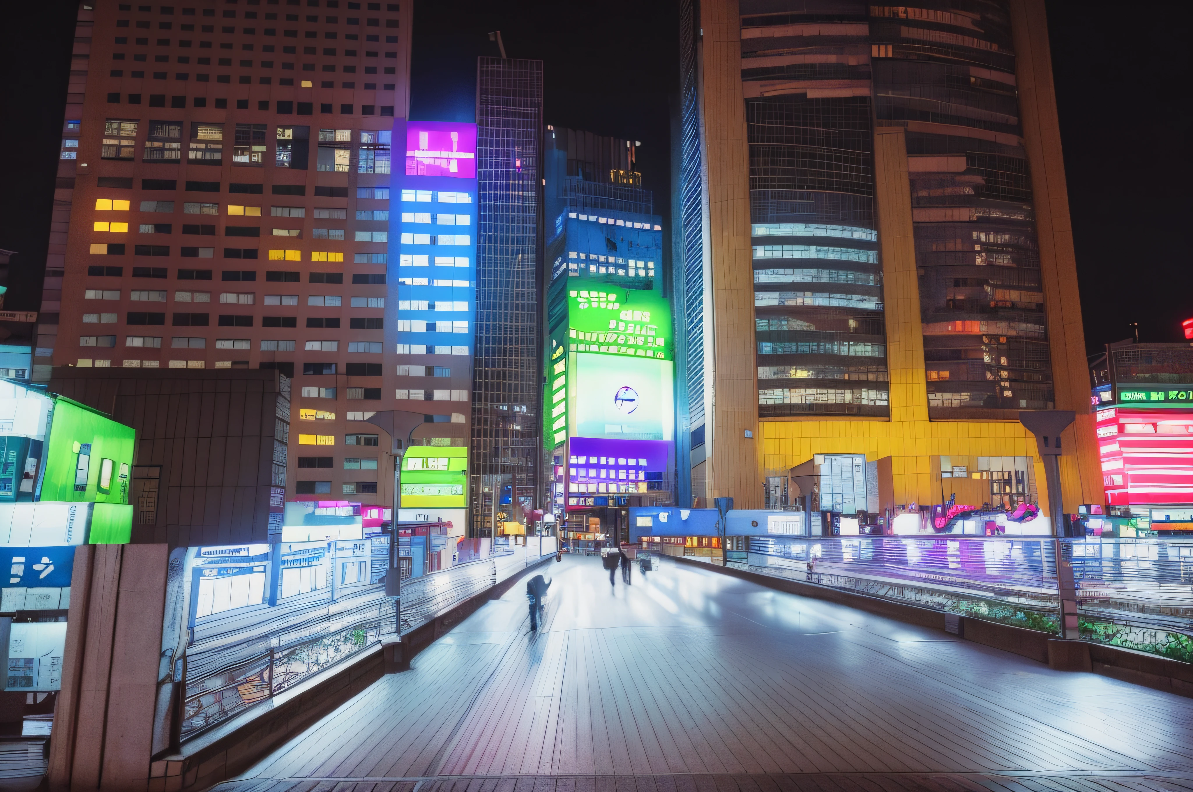 Night view of city street with pedestrian crossing across bridge, in tokyo at night, japanese downtown, night tokyo metropoly, in neo tokyo, 2 4 mm iso 8 0 0 color, tokyo futuristic and clean, 2 4 mm iso 8 0 0, taken with sigma 2 0 mm f 1. 4, tokio futuristic in background, in Tokyo under