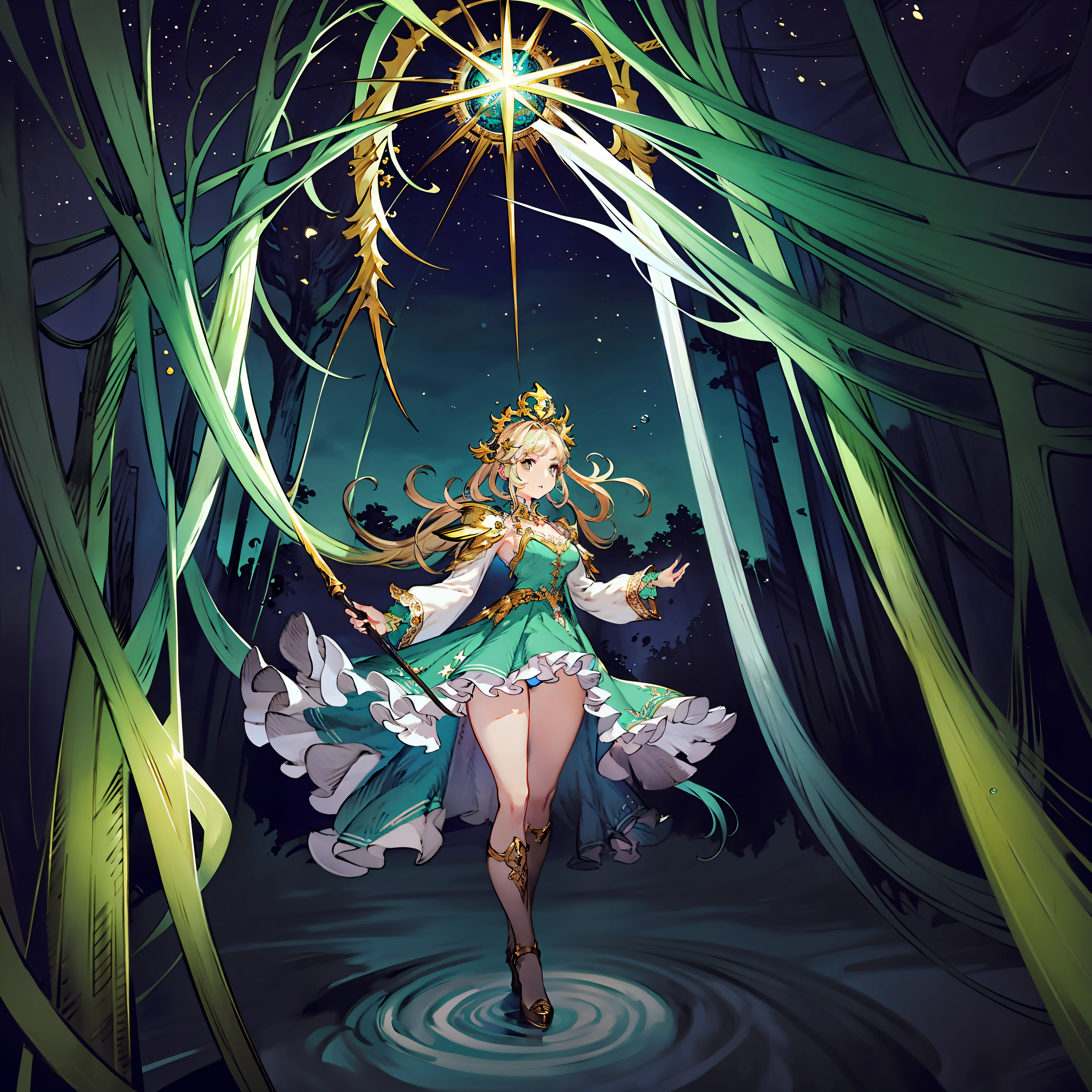 arcanjo cabelos longos verde, magia (obra-prima, qualidade superior, melhor qualidade, Arte Oficial, Beautiful and Aesthetic: 1.2), (1girl:1.3), (Arte Fractal:1.3), extremamente linda, star hair, roupa julieta, mythic, coroa de fadas, arco e flecha, fundo aquatico, olhando para o espectador, olhar de raiva, Glamour, roupa delicada, ombros nus, Penalty shootout, detalhes verde amarelo e branco, Detalhes do vestido, pernas delicadas, corpo inteiro, Magia PinkPower, ventania, mundo aquatico, estrela do mar, delicate hands, bolhas, varinha magica aquatica, aquá, pernas cobertas, estrelas na perna, magia aquatica, bolha poderosa, green power (Rosto bonito e detalhado, jeans), ), (lemon splatter), profundidade de campo, black light particles,Jitian,