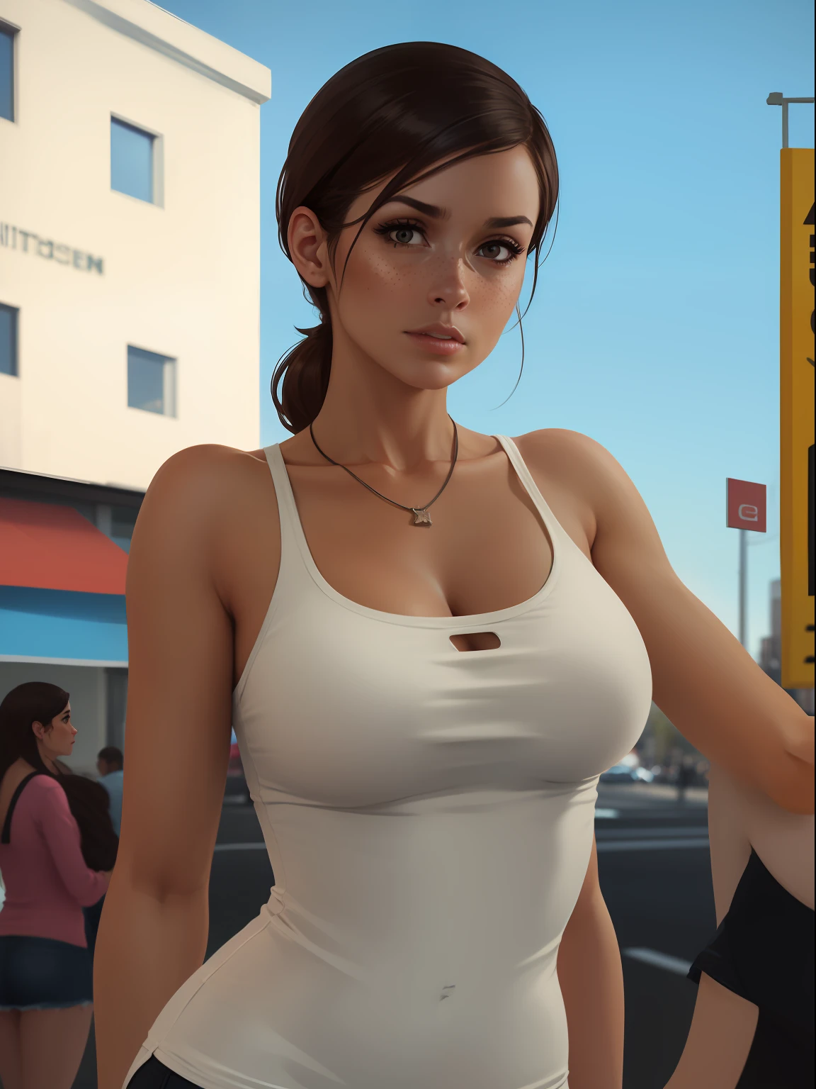 Busy City photography, cloudy evening , high detail close-up portrait, on the road, brunette woman and freckles walking next to a strip mall, wearing a flowing summer dress, heavy lights, caustic, volumetric lighting, real life, highly detailed, photography, strong contrasting shadows, depth of field, atmospheric perspective, sharp focus, realistic proportions, good anatomy, (realistic, hyperrealistic:1. 4), 16k hdr