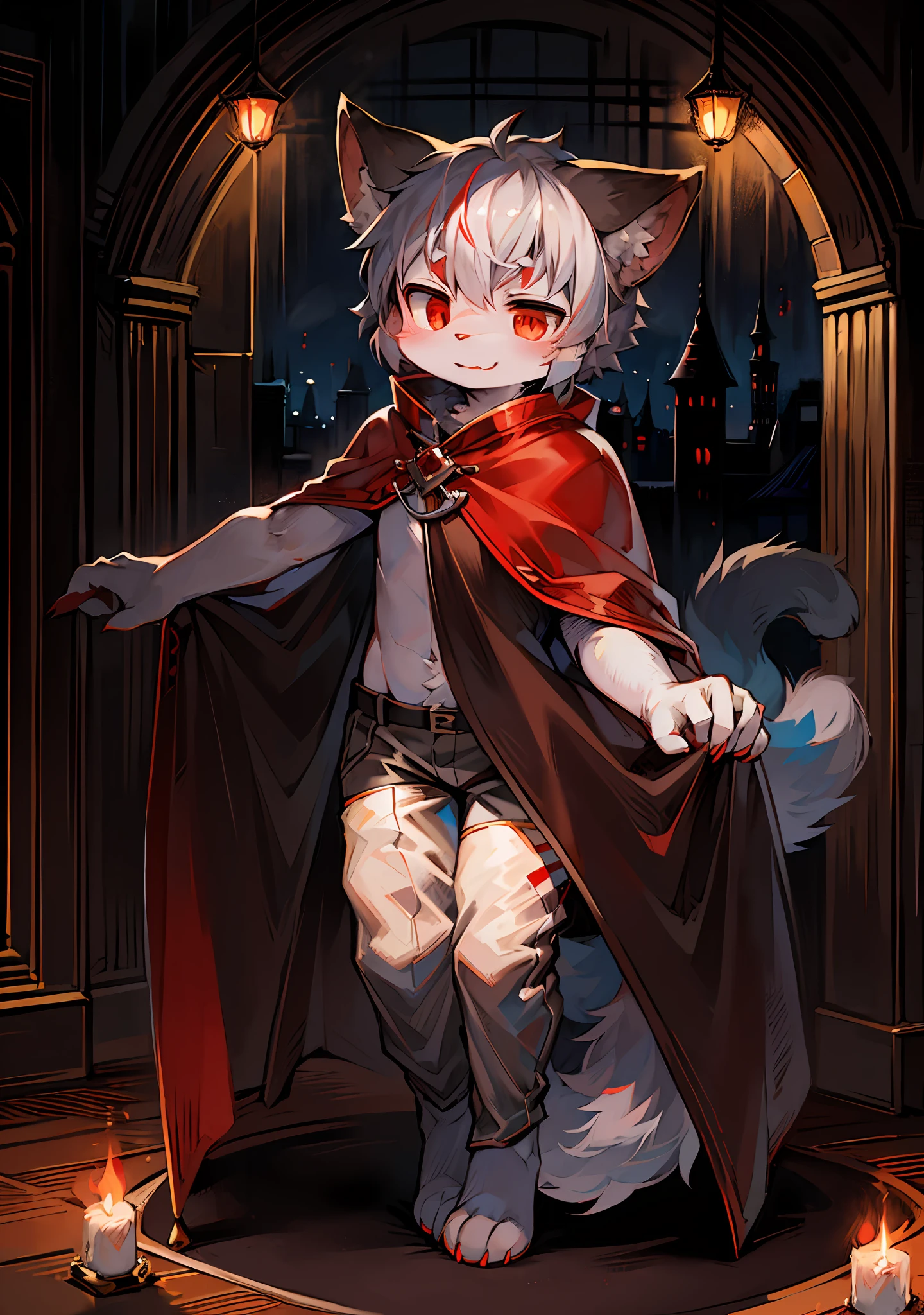 (ambiente dark:0.8),masterpiece,high quality,abstract res,digital painting\(artwork\), by dagasi, yupa,kiyosan,(anthro,fluffy fur,character focus:1.1),anthro male cat,short hair,portrait , eyes with brightness, in a panoramic view, Character focus.(detailedbackground:0.7), 独奏, shaggy, shaggy male, malefocus, anthr,(Full Body Furry, Fluffy tail, Light blue coat,black long pants,White fur, red color eyes, Gray hair:1.2), (long canines、Vampires、cloaks:1.2),(interiors、the night、borgar、casket:1.1)