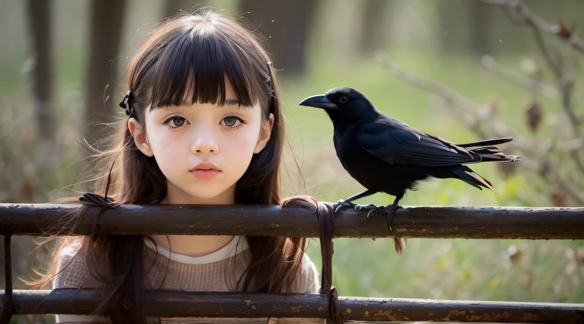 CHILD girl with a black bow and a black dress, girl with dark brown hair, girl with brown hair, black hair ribbons, a beautiful -age l, wearing hair bow, young girl, brown hair and big eyes, half-length photo, photo of young woman, young, beautiful girl, she is about 1 6 years oe is a black bird sitting on a wooden rail, long shiny thick black beak, closeup of some crows, cute crows, crows as a symbol of death, crow, crow bird, magpie, crow portrait!!!, black crow, dark crow, is looking at a bird, crows, male, crow, beautiful photo, closeup portrait shot, proud looking away, by Paul Bird