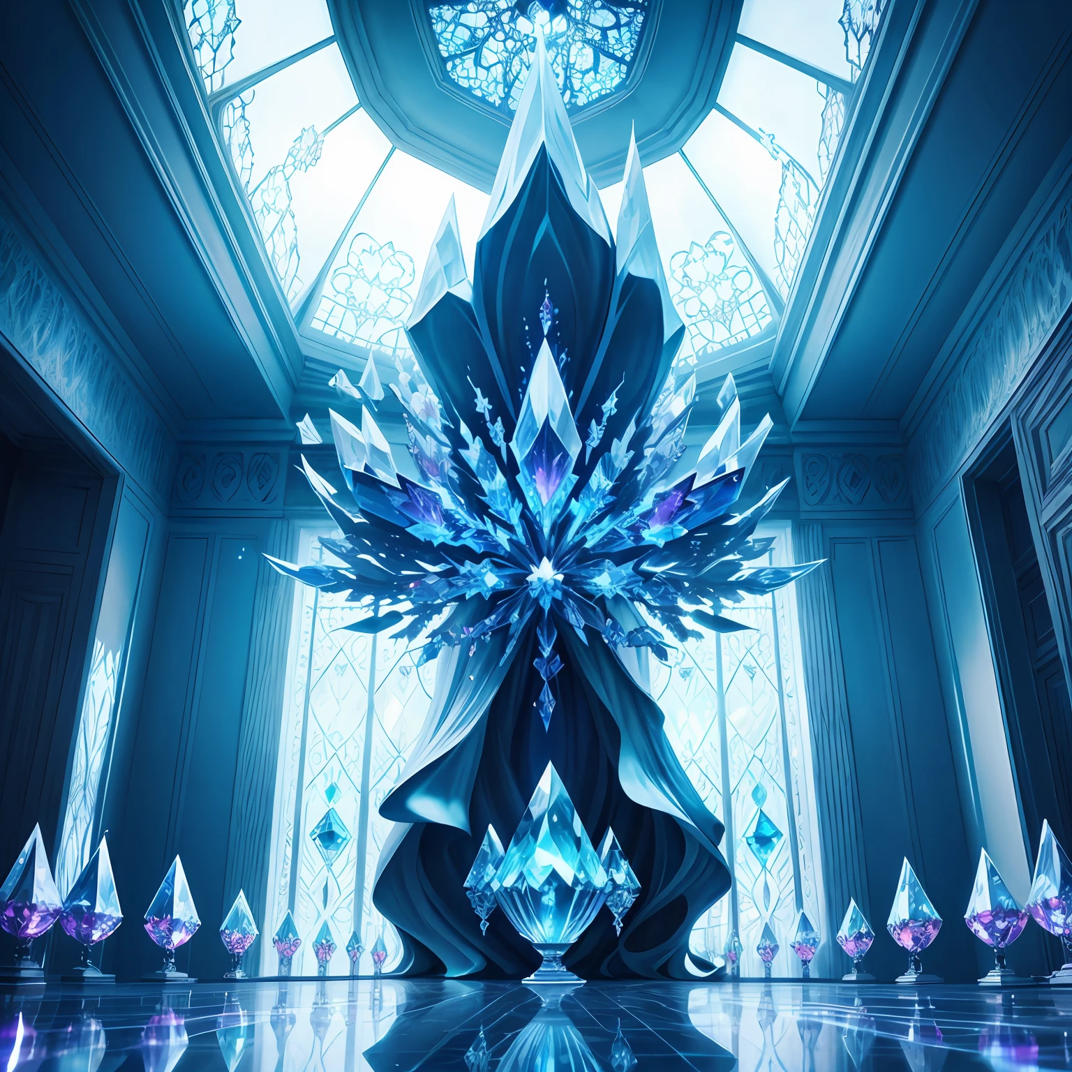 Crystal Castle，Fantastic and gorgeous scenes，Meticulous details，A brilliant sparkle，Fantastic crystal structure，In the realm of transparency and purity，Gorgeous décor and magnificent architecture，Ambilight、coloured with lots of colour，Dazzling gemstones and crystals，Wonderland of beauty and mystery，blue colors，Klein blue，Single color --auto