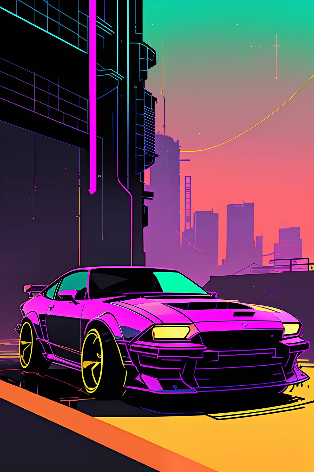(nvinkpunk:1.2) A sports car in the style of SNTHWVE、light wave、Sundown、an intricate、It is very detailed;