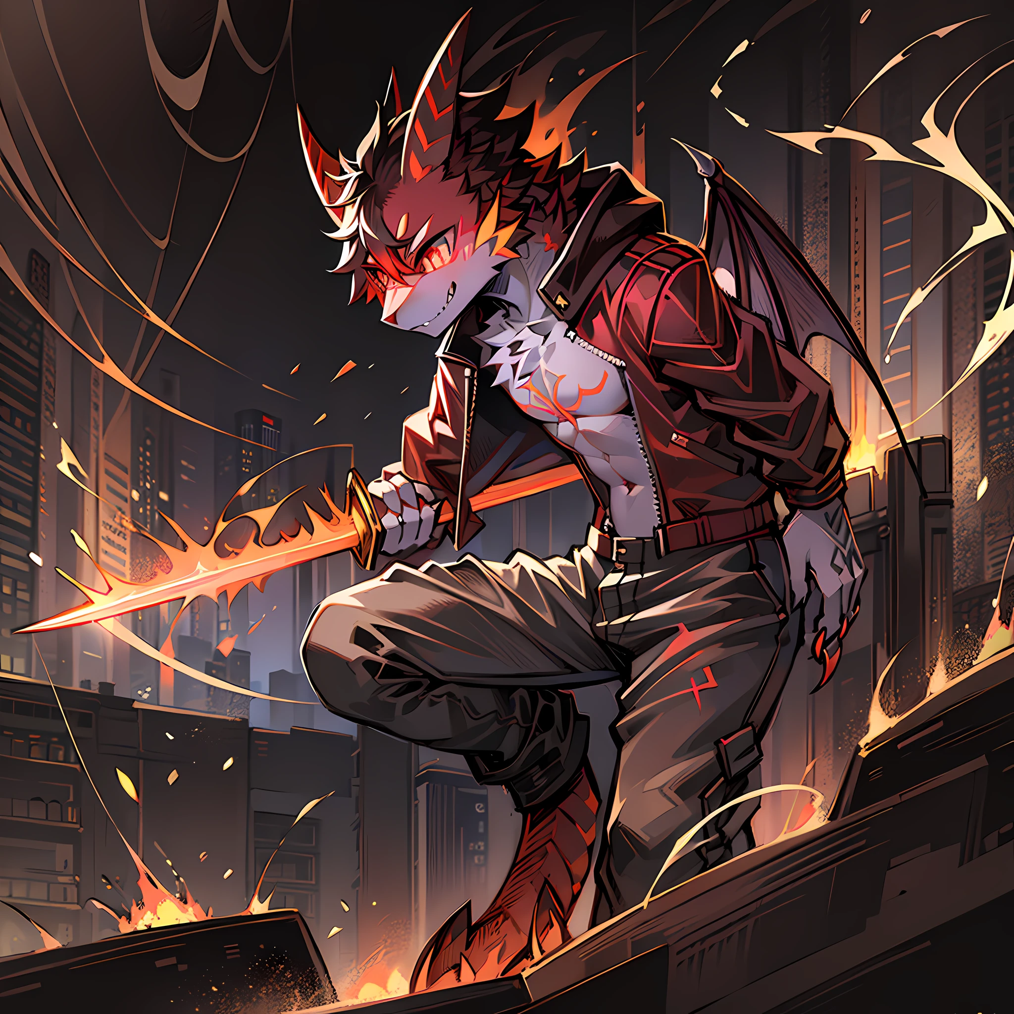 k hd,Full body like,tmasterpiece,8K,Soft lines,Burning City,Libido boy,Demon cubs,Slim size,Wings,sharp corners,火焰,Red, Scaly skin,Lava texture,Lava tattoo,Bright pupils,Vertical pupils,Devil Eyes,Claws,jaket,trouser,big sword