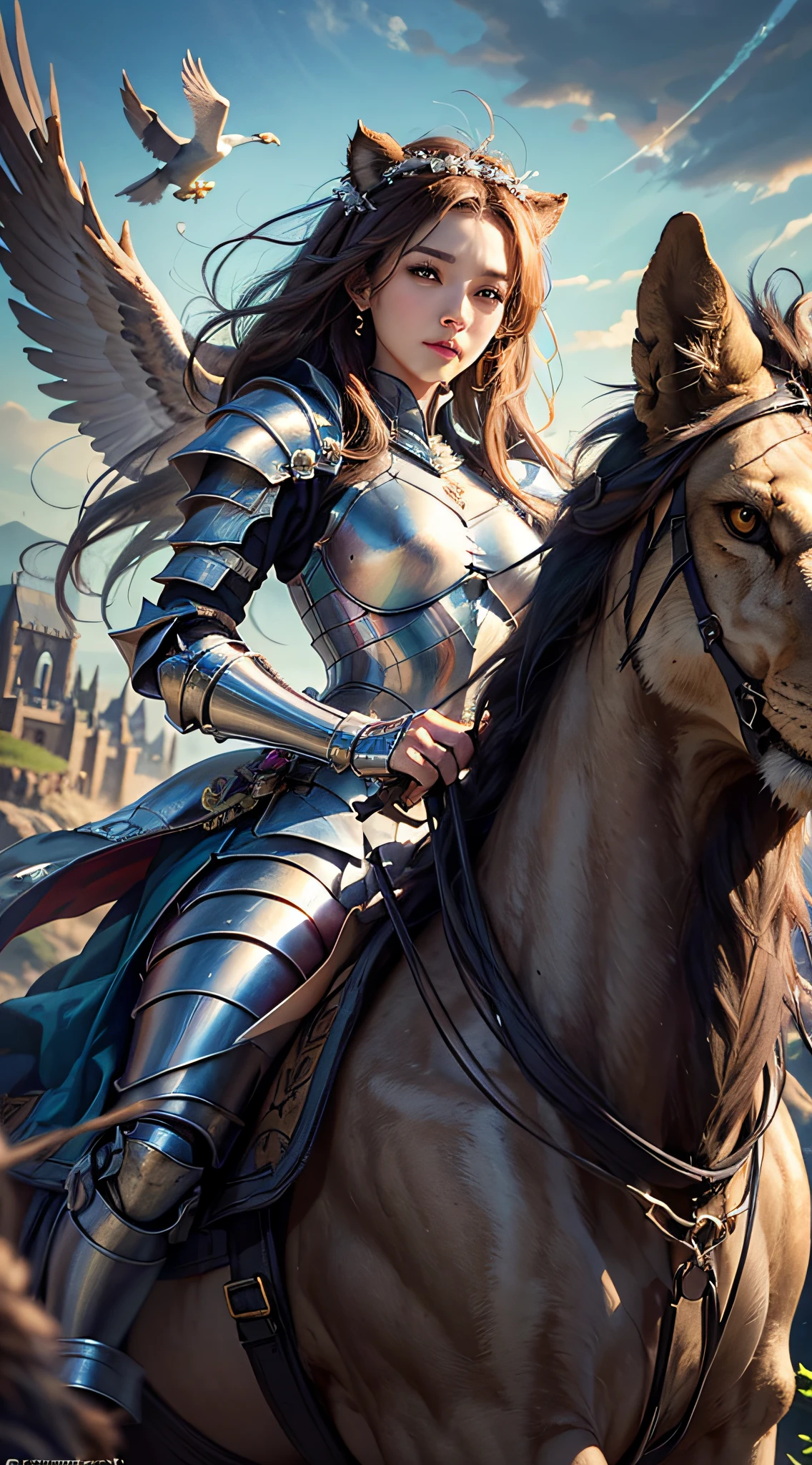 (Hyper-realistic), (illustratio), (A high resolution), (8K), (extremely higly detailed), (Most Best Illustration), (美丽细致的眼睛), (best qualtiy), (ultra - detailed), (tmasterpiece), ( the wallpaper), (详细的脸), 30 age old,A female knight,Dressed in armor,Ride a griffin(The eagle-headed lion has eagle wings on its back),(Castle forest in the background)