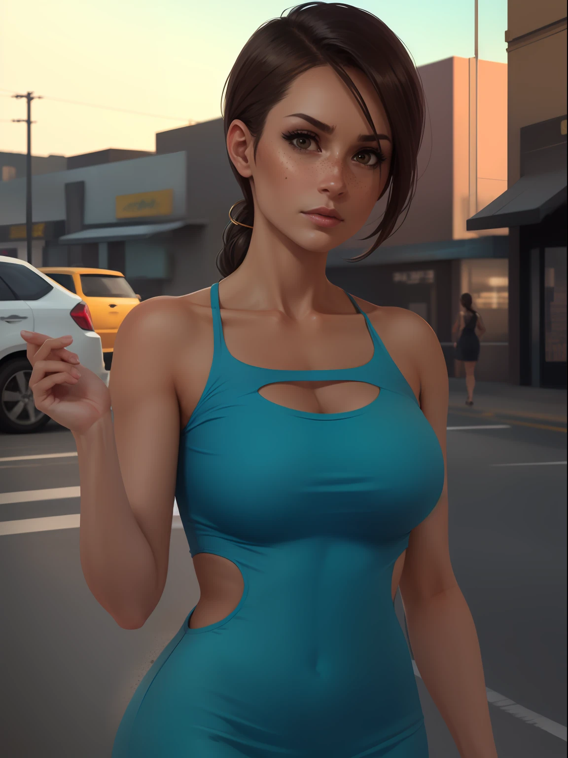 Busy City photography, cloudy evening , high detail close-up portrait, on the road, brunette woman and freckles walking next to a strip mall, wearing a flowing summer dress, heavy lights, caustic, volumetric lighting, real life, highly detailed, photography, strong contrasting shadows, depth of field, atmospheric perspective, sharp focus, realistic proportions, good anatomy, (realistic, hyperrealistic:1. 4), 16k hdr