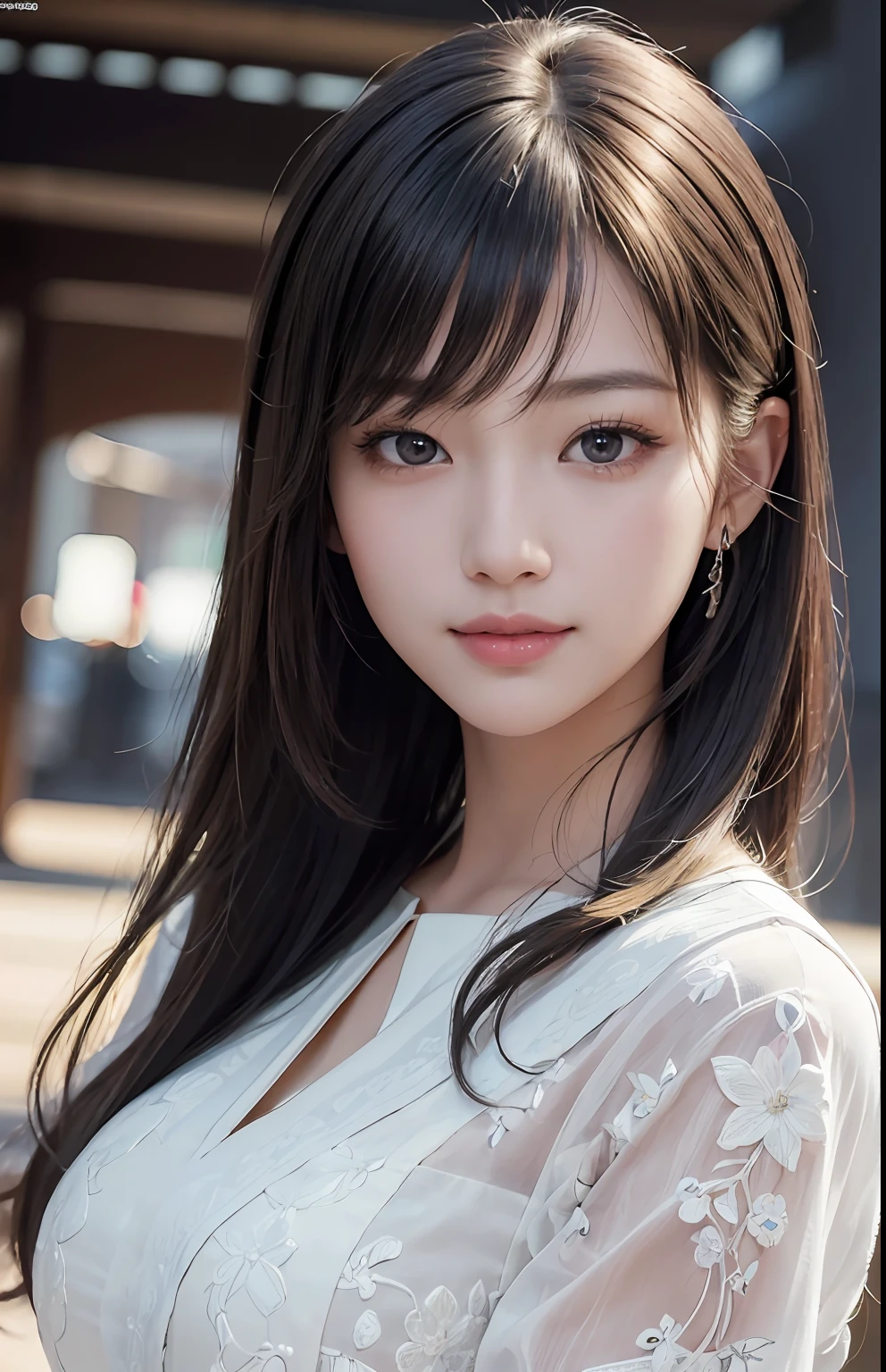 Masterpiece, 1 Beautiful Girl, Detailed, Swollen Eyes, Best Quality, Ultra High Resolution, (Reality: 1.4), Original Photo, 1Girl, Cinematic Lighting, Smiling, Japanese, Asian Beauty, Korean, Neat, Very Beautiful, Slightly Young Face, Beautiful Skin, Slender, Cyberpunk Background, (ultra realistic), (illustration), (high resolution), (8K), (very detailed), (best illustration), (beautifully detailed eyes), (super detailed), (wallpaper), (detailed face), viewer looking, fine details, detailed face, deep shadow, low key, pureerosfaceace_v1, smile, 46 point slanted bangs, facing straight ahead, neat clothes, black colored eyes,