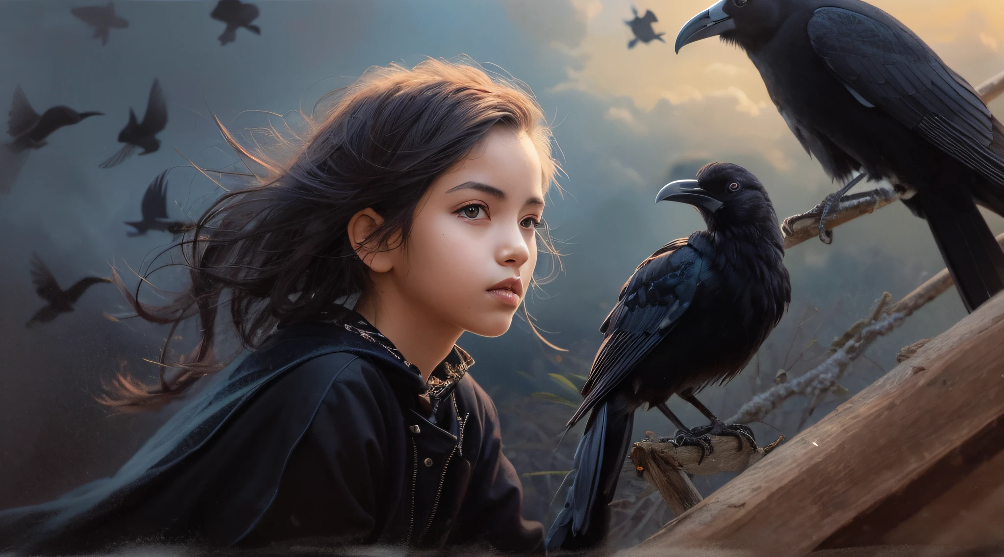 CHILD girl with a black bow and a black dress, menina com cabelo LOIRO, menina com cabelo castanho, fitas de cabelo preto, uma bela adolescente-idade, wearing hair bow, menina jovem, cabelo castanho e olhos grandes, foto de meio comprimento, foto de mulher jovem, jovem, menina bonita, She is about 1 6 years old, There is a black bird sitting on a wooden rail, longo bico preto espesso brilhante, closeup de uns corvos, corvos bonitos, crows as a symbol of death, corvo, raven bird, magpie, retrato corvo!!!!, corvo preto, corvo escuro, is looking at a bird, corvos, macho, corvo, bela foto, closeup retrato tiro, orgulhoso olhando para longe, por Paul Bird