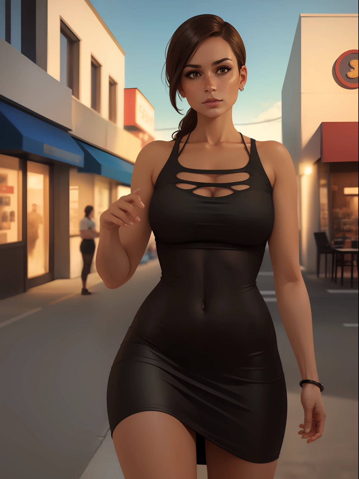 Busy City photography, cloudy evening , high detail close-up portrait, on the road, brunette woman and freckles walking next to a strip mall, wearing a flowing summer dress, heavy lights, caustic, volumetric lighting, real life, highly detailed, photography, strong contrasting shadows, depth of field, atmospheric perspective, sharp focus, realistic proportions, good anatomy, (realistic, hyperrealistic:1. 4), 16k hdr