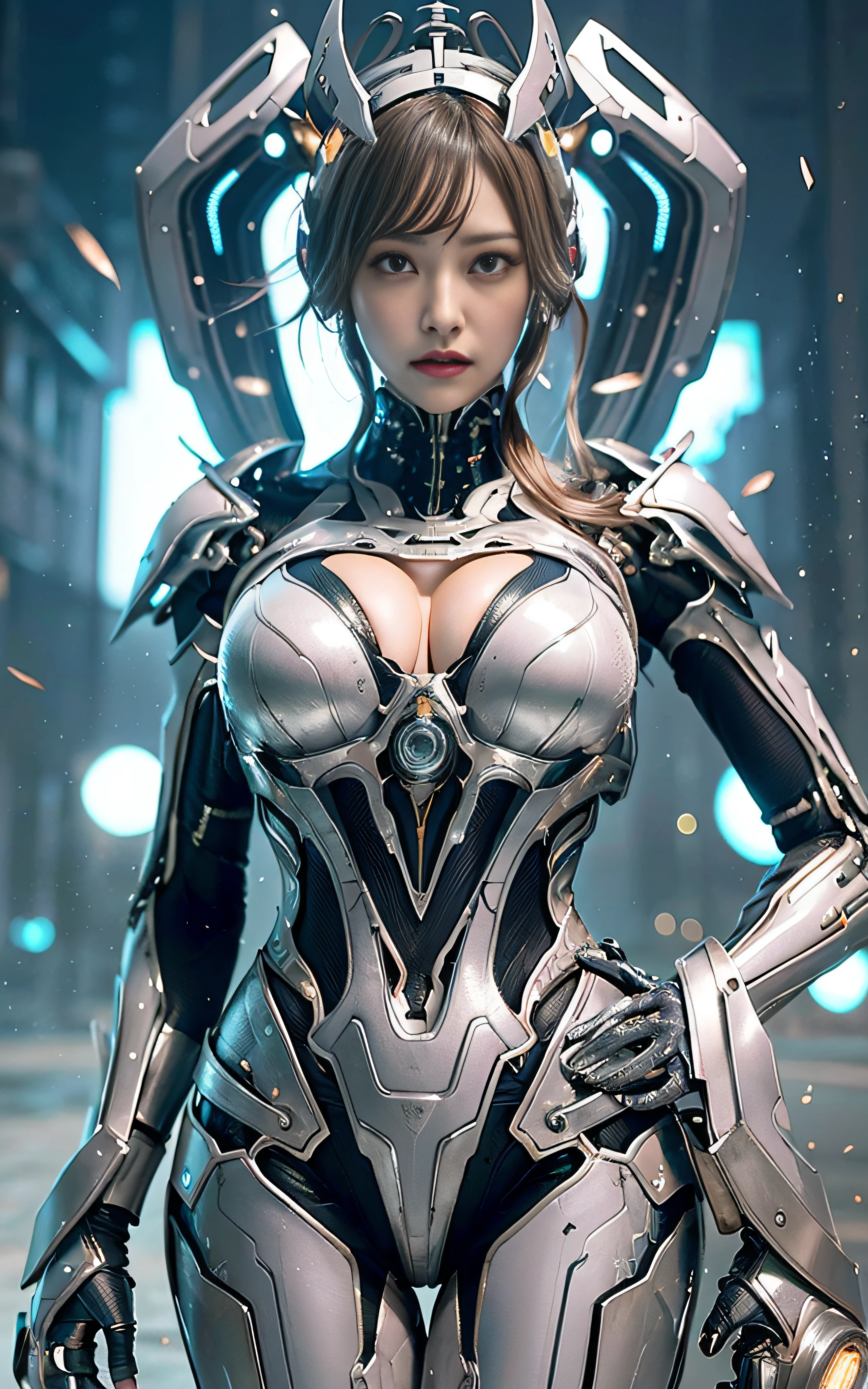masterpiece, top-quality, hightquality, (the future:1.1), (Silver-ash colored cyberpunk suit), movie lights, (exquisite future), Beautiful and beautiful, ultra-detailliert, amazing composition, floating, depth of fields, (extremely details CG,Unity 8k壁纸), (beautiful detail background), beautiful hair details, dramatic lights, gogetta, mechs,Best Quality,超A high resolution,photoRealstic,tits out,cleavage of the breast,(Hair that flutters in the wind),((Angle from below)),(Angry look),((Fashion poses)),((thunder)),(Very strong wind),(Hair fluttering in strong wind),Wet,with arms up,put hands on the hip