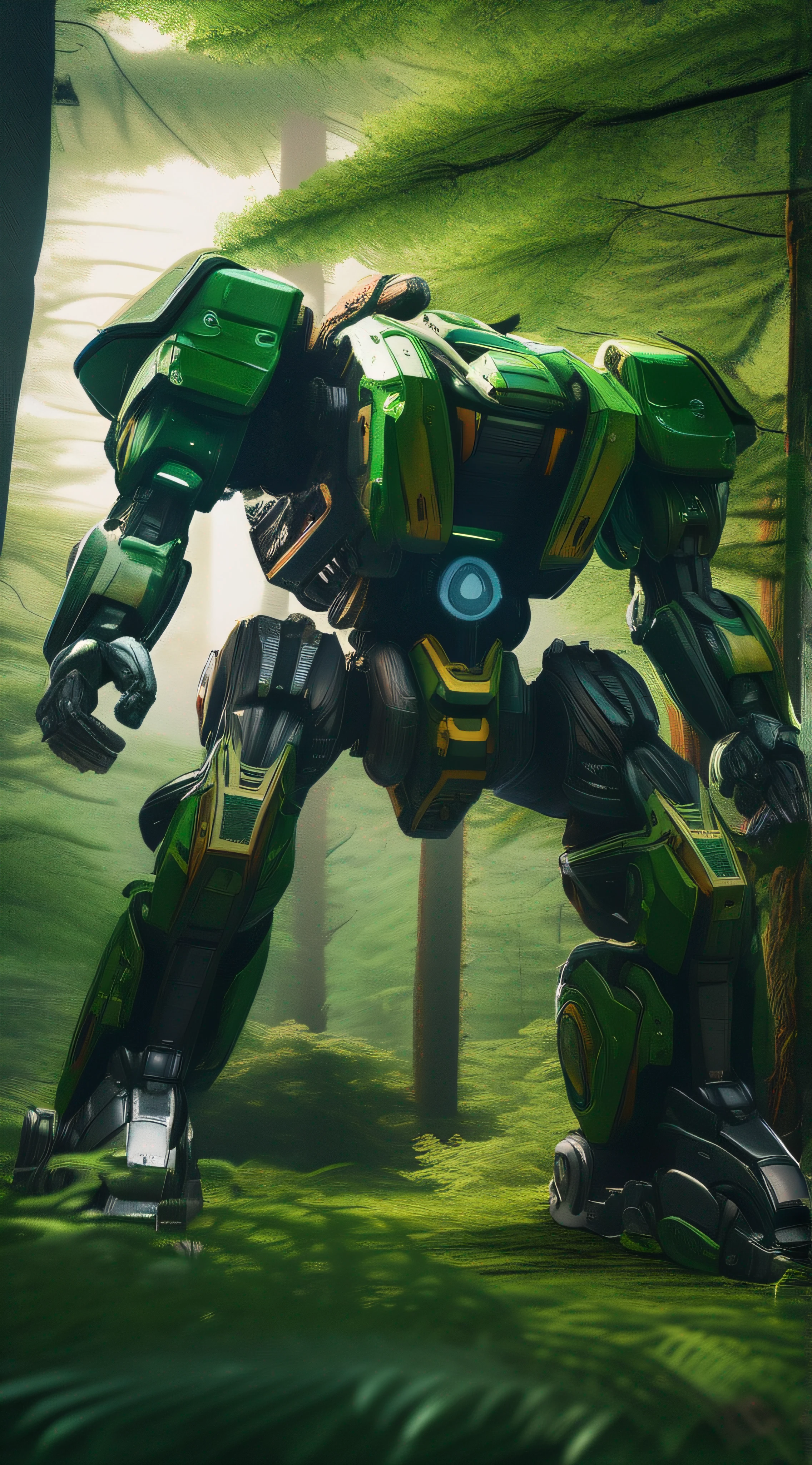 A giant mecha, heroic, noble, protective stance, intricate details, photorealistic style, captured with a Fujifilm X-T3 and a 35mm lens, soft diffused lighting, lush green forest environment.
