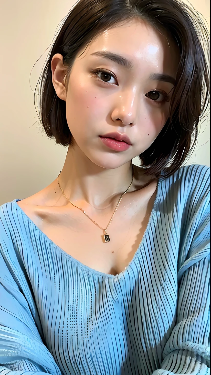 (top-quality、8k、32k、masterpiece、UHD:1.2)、Photo of a cute Japanese woman、large full breasts、very short bobbed hair、The upper part of the body、sface focus、oversized_sweater、a necklace、simple background、From above、looking at the viewers、pissing