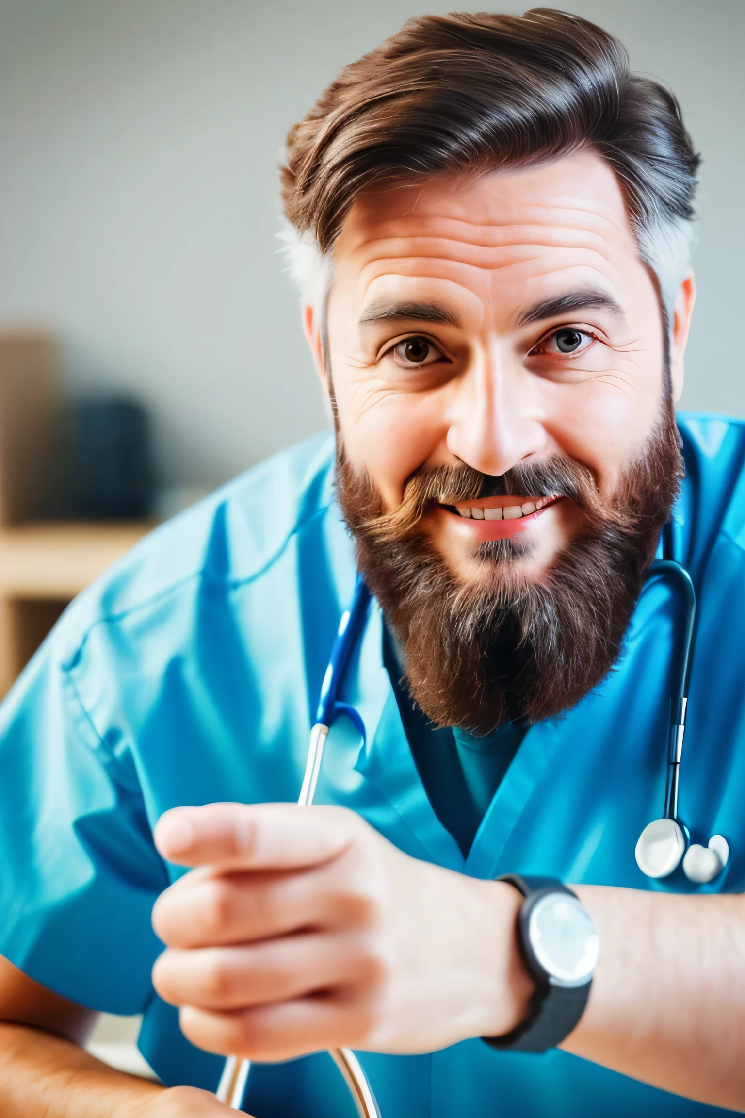 Close-up shot of a mature pet doctor with a beard, blurred background, adorable pet playing.