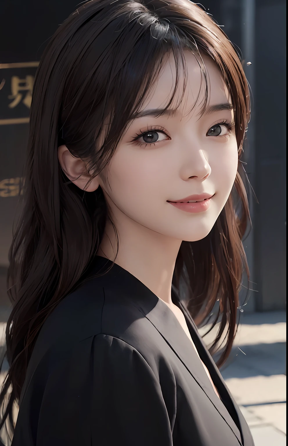 Masterpiece, 1 Beautiful Girl, Detailed, Swollen Eyes, Best Quality, Ultra High Resolution, (Reality: 1.4), Original Photo, 1Girl, Cinematic Lighting, Smiling, Japanese, Asian Beauty, Korean, Neat, Very Beautiful, Slightly Young Face, Beautiful Skin, Slender, Cyberpunk Background, (ultra realistic), (illustration), (high resolution), (8K), (very detailed), (best illustration), (beautifully detailed eyes), (super detailed), (wallpaper), (detailed face), viewer looking, fine details, detailed face, deep shadow, low key, pureerosfaceace_v1, smile, 46 point slanted bangs, facing straight ahead, neat clothes, black colored eyes,