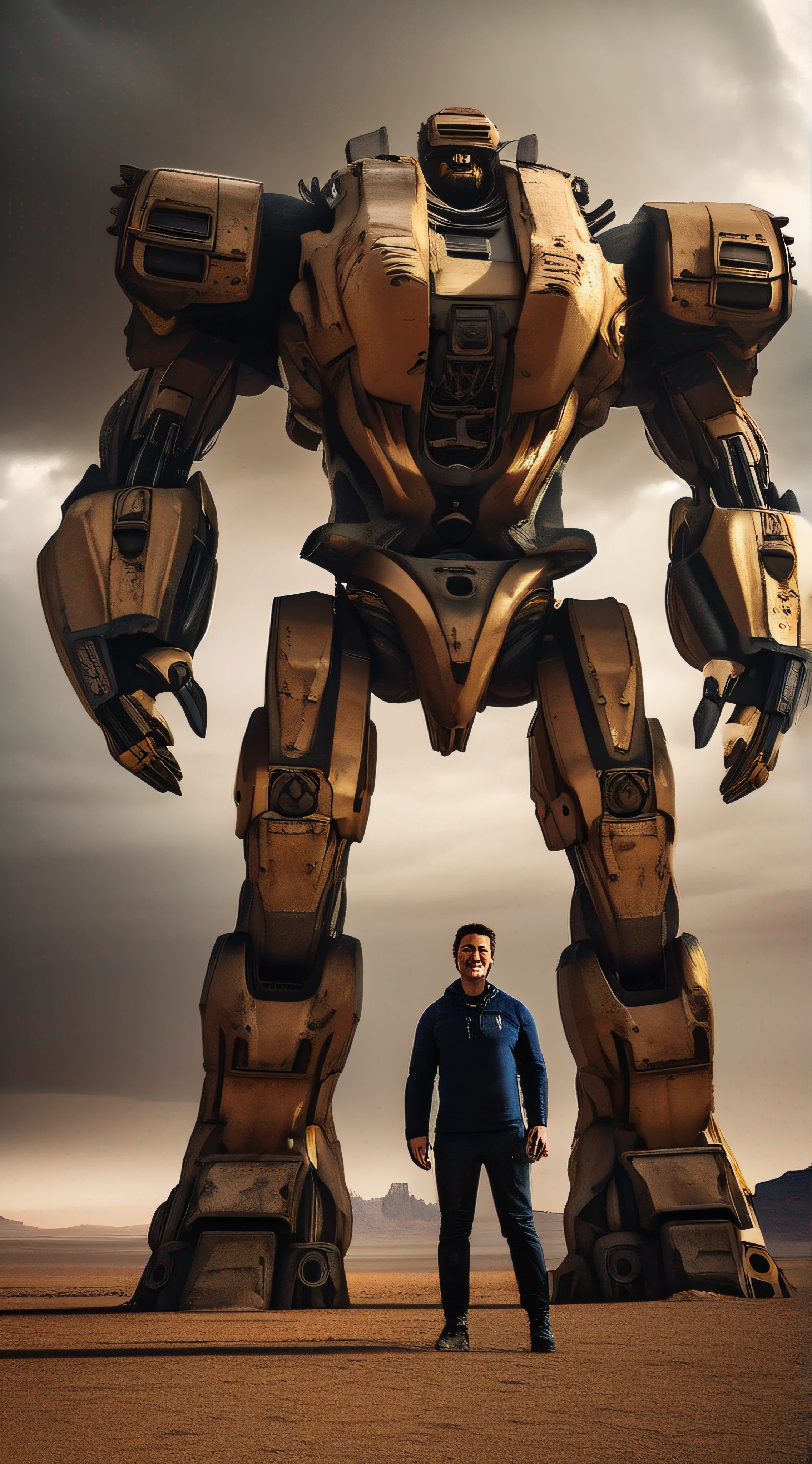 A giant mecha, epic, colossal, awe-inspiring, mechanical joints, photorealistic style, captured with a Panasonic Lumix S1R and a 14-24mm lens, dramatic stormy lighting, barren desert landscape environment.