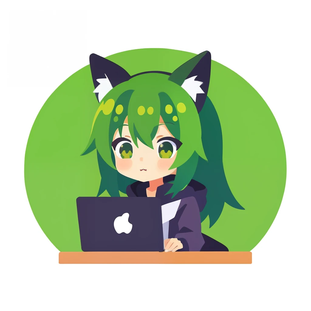 超A high resolution, nffsw, Best aesthetic, Best Quality, masutepiece, ik1、I am using a computer、1girl in、Jade-colored jacket、cartoon bone、Green Hair Anime Girl, anime moe art style, flat anime style, cute anime catgirl, Nekomimi, Anime girl with black cat ears,  digital anime illustration, Digital Green Fox, Sitting in front of a computer, girl with cat ears, In front of a computer, Plain white background in anime style