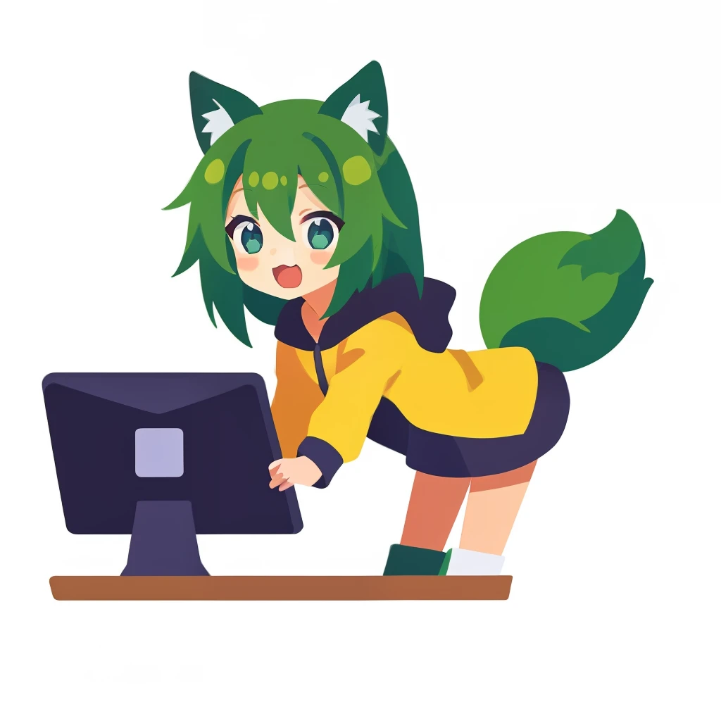 超A high resolution, nffsw, Best aesthetic, Best Quality, masutepiece, ik1、I am using a computer、1girl in、Jade-colored jacket、cartoon bone、Green Hair Anime Girl, anime moe art style, flat anime style, cute anime catgirl, Nekomimi, Anime girl with black cat ears, digital anime illustration, Digital Green Fox, Sitting in front of a computer, girl with cat ears, In front of a computer, Plain white background in anime style
