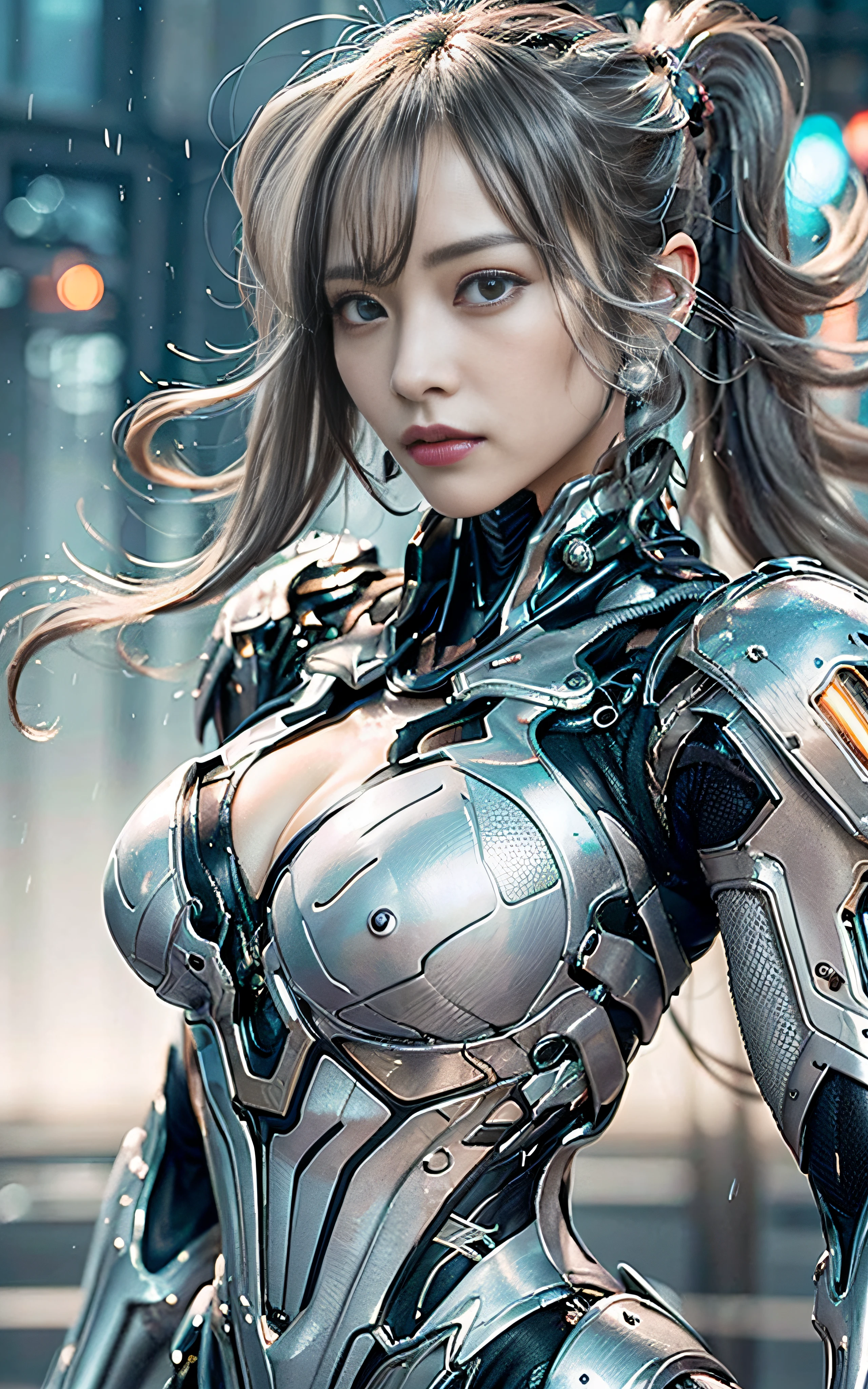 ​masterpiece, top-quality, hightquality, (the future:1.1), (Silver-ash colored cyberpunk suit), movie lights, (exquisite future), Beautiful and beautiful, ultra-detailliert, amazing composition, floating, depth of fields, (extremely details CG,Unity 8k壁纸), (beautiful detail background), beautiful hair details, dramatic lights, gogetta, mechs,Best Quality,超A high resolution,photoRealstic,(drooing eyes),tits out,cleavage of the breast,(Hair that flutters in the wind),((Angle from below)),(Looking at the camera),((Fashion poses)),((thunder)),(Very strong wind),(Hair fluttering in strong wind),Wet,shout out,