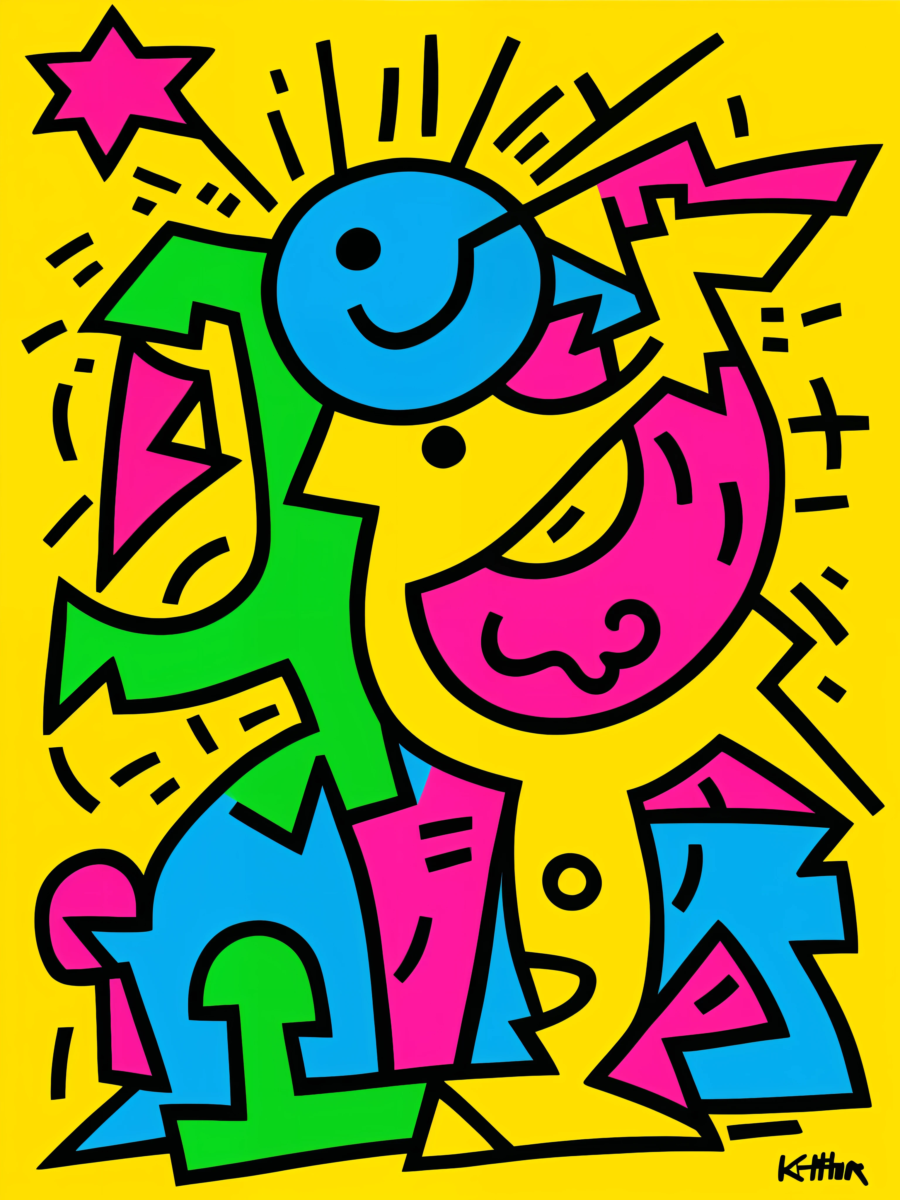 Drawing with graffiti of different colors on a yellow background, colourfull、keith harring, keith haring style, Inspired by Keith Haring, by Keith Haring, Inspired by Gary Punter, inspired by Howard Arkley, masterpiece work of art, Neo-expressionism, nowi, bustling, nffsw, morose, Enthusiastic brushwork