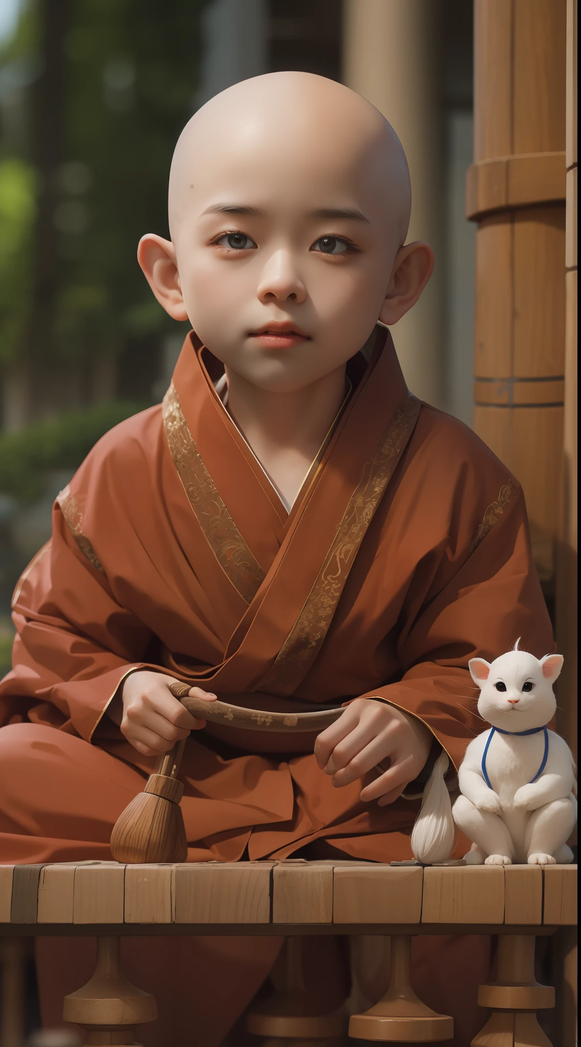 A picture，Face shot，A cute little bald monk，Sit upright，largeeyes，White teeth are exposed，wearing traditional robes，Take wooden fish, for example, For example，Plays drums，Sit in front of a brown Buddhist temple。