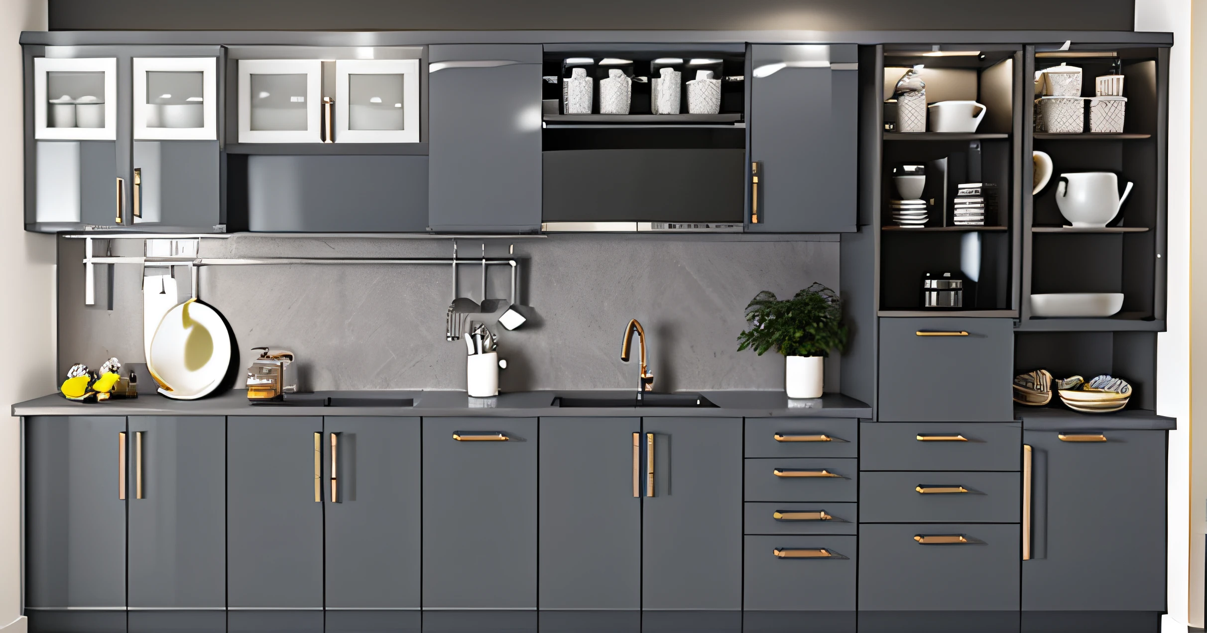 1 Kitchen cabinets, 1 dish rack, 1 microwave, 1 induction cooker, 1 sink, and 1 hood, glossy material, Gray ball wings