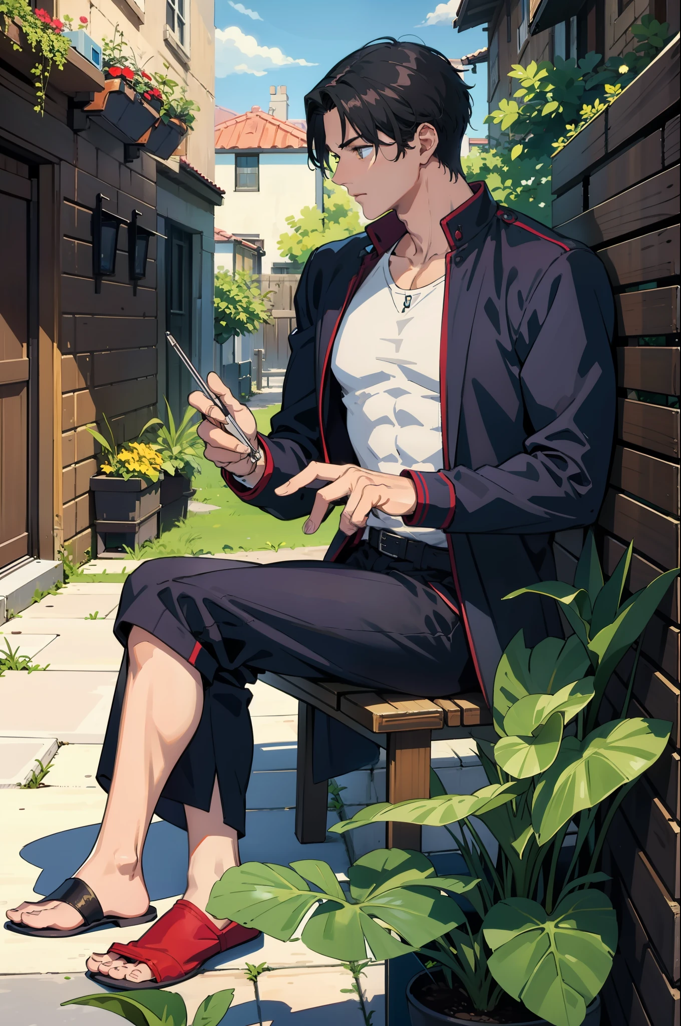 masterpiece, best quality, 1 male, handsome, tall muscular guy, very short hair, best ratio four finger and one thumb, best light and shadow, background is back alley, detasiled sunlight, sitting, Little cats are gathered next to him, dappled sunlight, day, depth of field, plants, summer