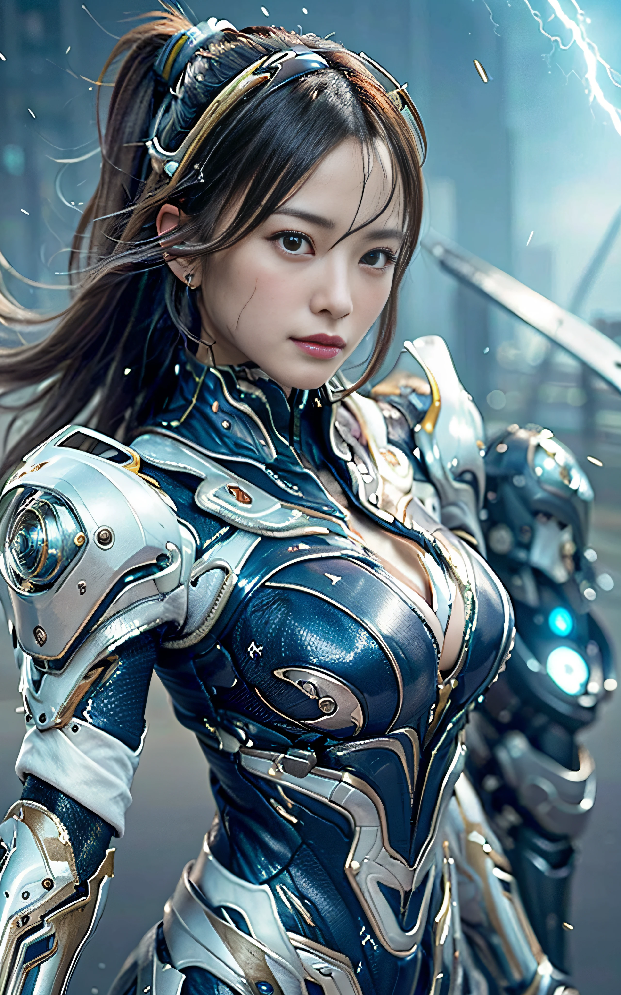 masterpiece, top-quality, hightquality, (the future:1.1), (Akane Cyberpunk Suit), movie lights, (exquisite future), Beautiful and beautiful, ultra-detailliert, amazing composition, floating, depth of fields, (extremely details CG,Unity 8k壁纸), (beautiful detail background), beautiful hair details, dramatic lights, gogetta, mechs,Best Quality,超A high resolution,photoRealstic,tits out,cleavage of the breast,(Hair that flutters in the wind),((Angle from directly above)),(Looking at the camera),(Fashion poses),((thunder)),(Very strong wind),(Hair fluttering in strong wind),Light Measure,run,splatters