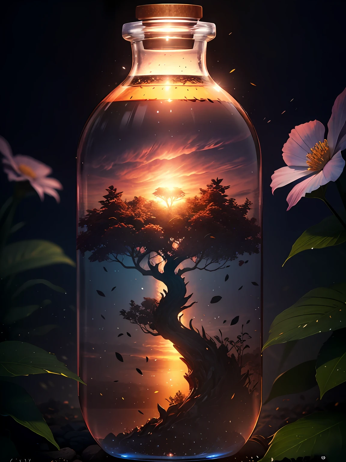 Art tree in a dream bottle，Ultra photo realsisim，high-definition photograph，DreamlikeArt，Lifelike leaves and branches，Flowers blooming at the top。Hyper-detailed realist photographs by Greg Rutkowski。logotype：Canon H1024 W804 | F1.6 shots，2:2 scale，S3 55mm film grain：1。Intricate and detailed atmospheric light refraction，Unreal Engine 5 lighting effects，A cinematic concept photography masterpiece。Octane rendering，CGSociety's trend rendering。