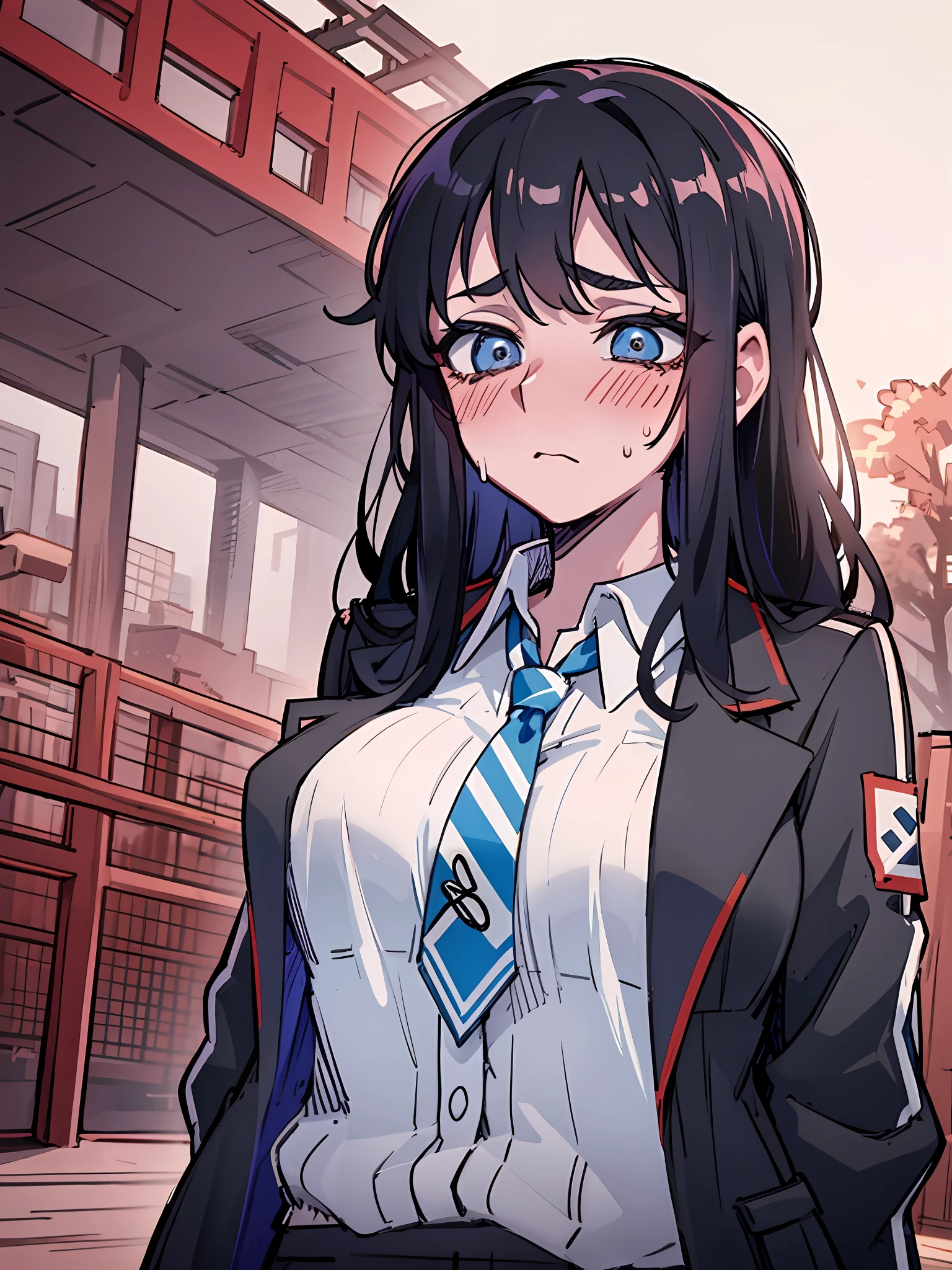 long black straight hair girl, addidas jacket with blue stripes, wearing blue tie, sweat, at the park, blushing, big breast, sensitive emotions