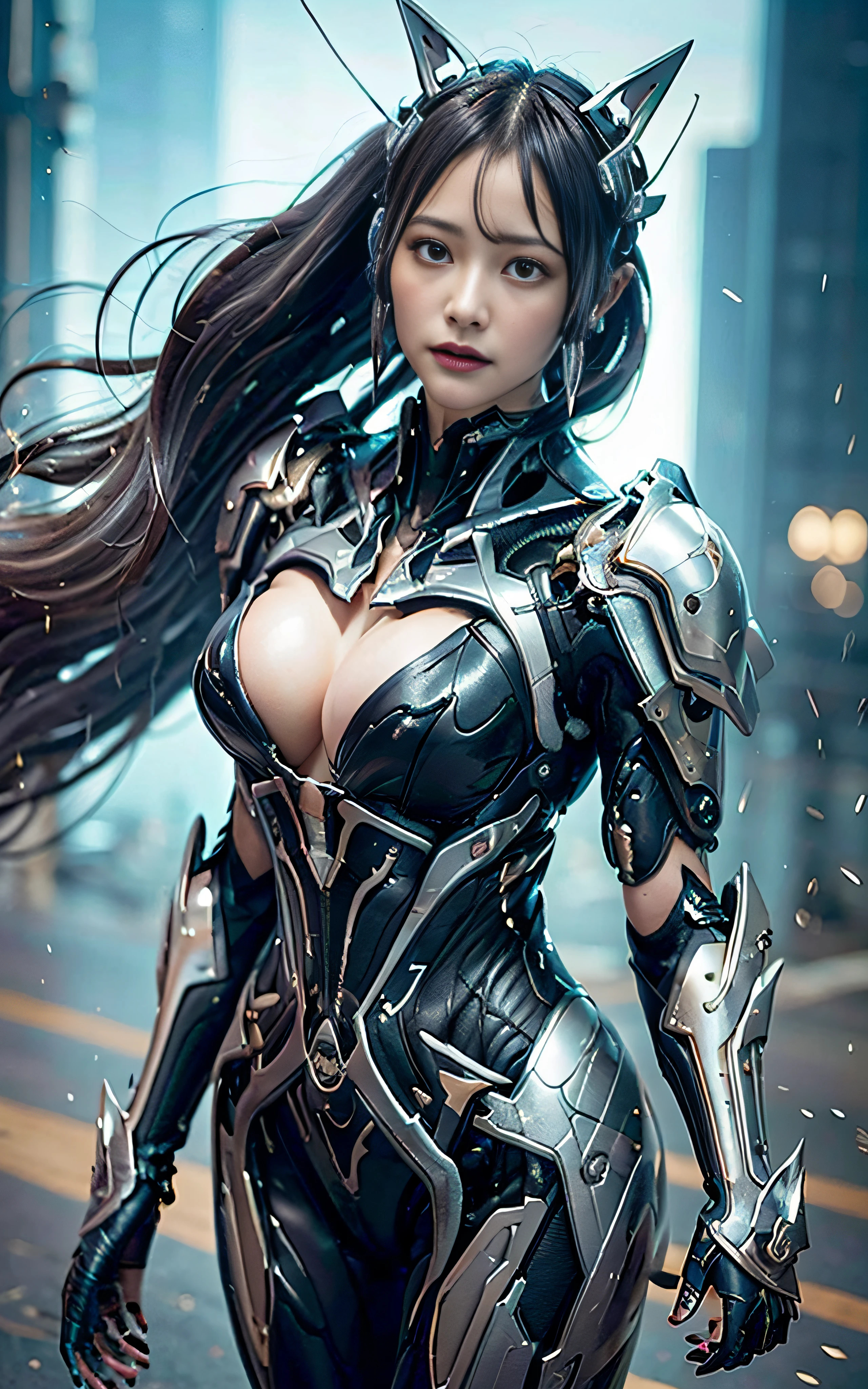 masterpiece, top-quality, hightquality, (the future:1.1), (Black cyberpunk suit), movie lights, (exquisite future), Beautiful and beautiful, ultra-detailliert, amazing composition, floating, depth of fields, (extremely details CG,Unity 8k壁纸), (beautiful detail background), beautiful hair details, dramatic lights, gogetta, mechs,Best Quality,超A high resolution,photoRealstic,tits out,cleavage of the breast,(Hair that flutters in the wind),((Angle from directly above)),(Looking at the camera),(Fashion poses),((thunder)),(Very strong wind),(Hair fluttering in strong wind),wetted skin