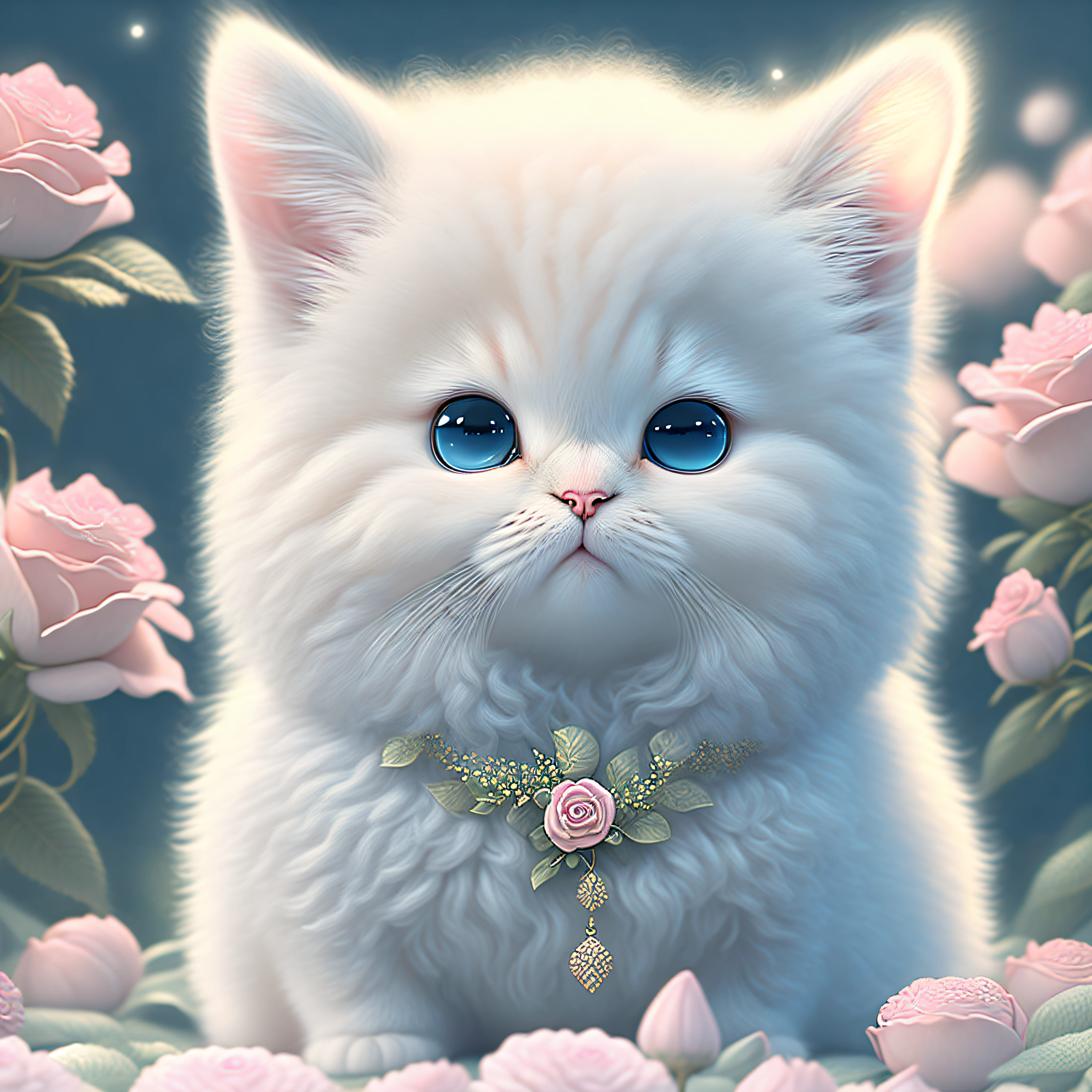 In this ultra-detailed CG art, the adorable kitten surrounded by ethereal roses, best quality, high resolution, intricate details, fantasy, cute animals