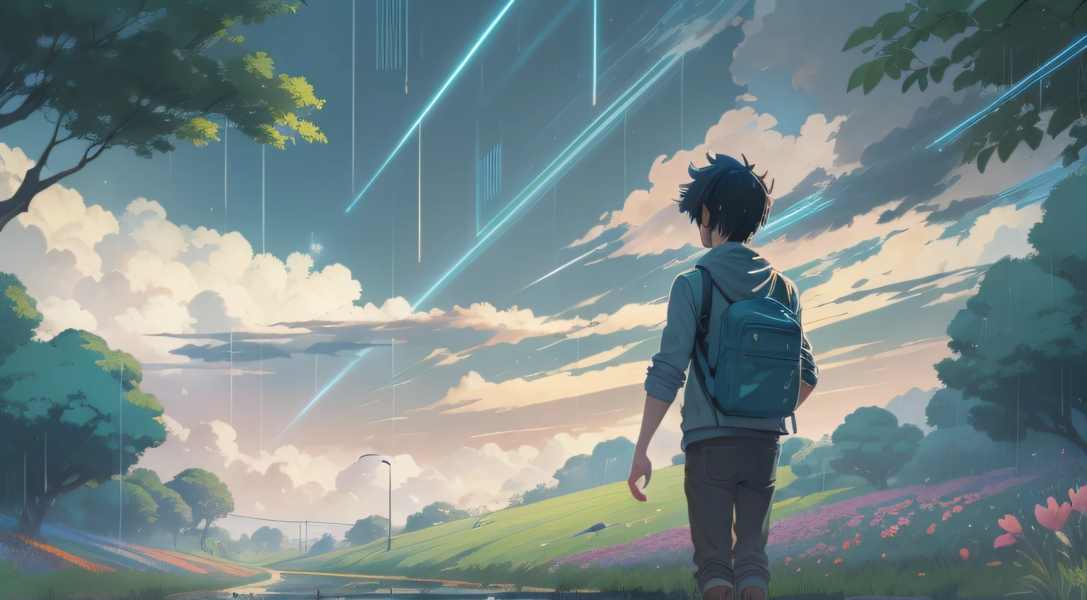 /imagine prompt: Figures standing on a steppe full of flowers, Neurons flashing blue light in the brain. He faced rain,But choose to endure without hesitation,Because he knew it would boost his intellectual growth. author:Makoto Shinkai - Niji 5