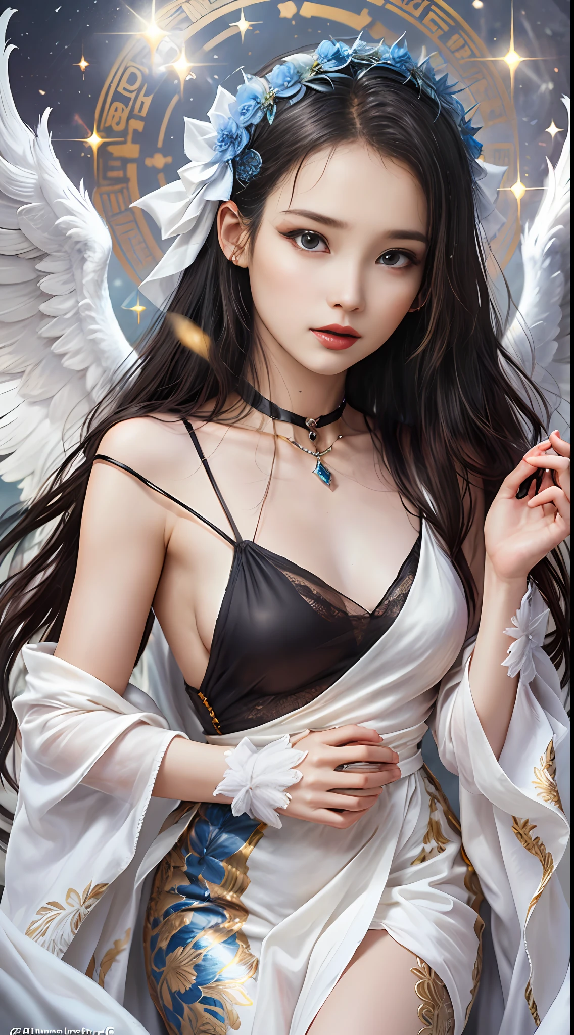 Ultra hd, a beautiful angel of light, a magical spirit of light, is a character full of a sense of justice and divine power, she is usually depicted as a beautiful female angel with wingsand and very long hair, wearing a shining white robe and golden armor, gentle eyes, beautiful eyes, the image of the royal sister angel is very beautiful and noble, her face is usually depicted very soft, pure and elegant. Her divine power is also very powerful and is often used to protect and help those in need. Explore your creativity and depict this mysterious and fictional creature. Use vibrant colors, unique shapes, and fun textures to make your images unique and engaging. I am glad to see your artistic interpretation of the whole body, light, random dynamic poses, shining halos, beautiful and noble angels, magical light magic, perfect spell casting, blessing prayer,