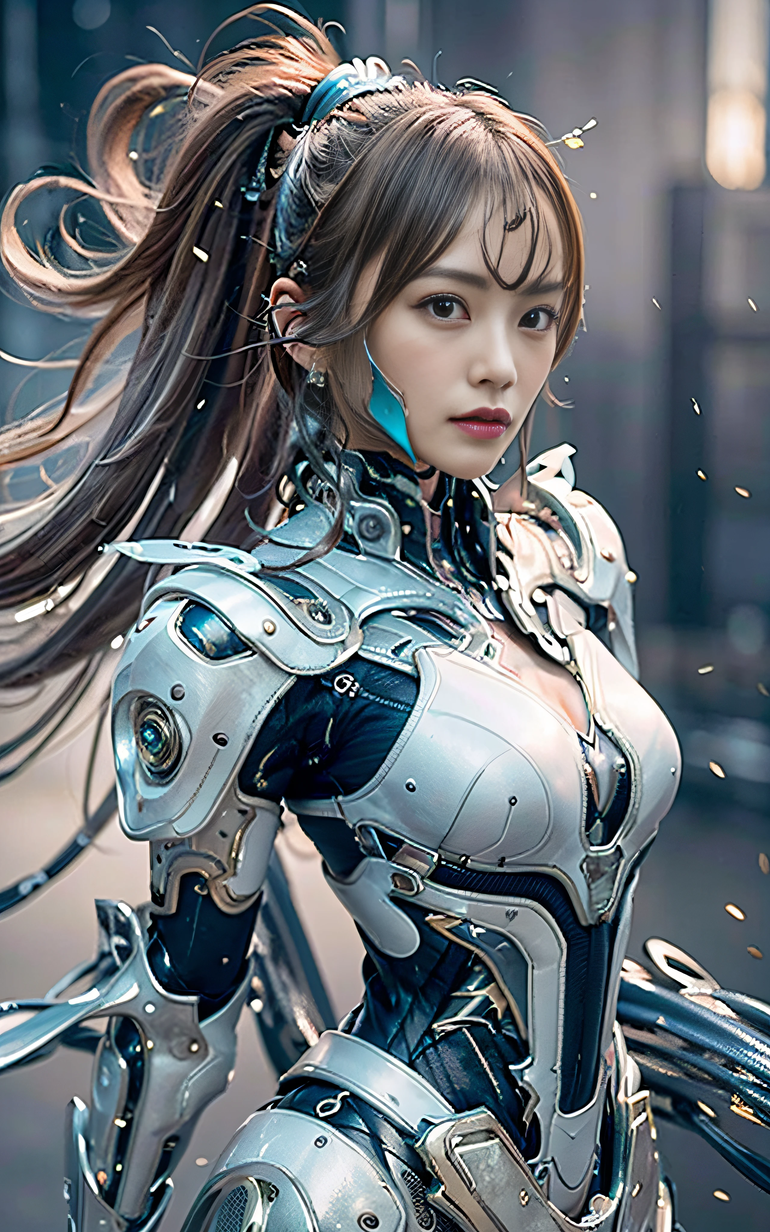 masterpiece, top-quality, hightquality, (the future:1.1), (Madder Cyberpunk Suit), movie lights, (exquisite future), Beautiful and beautiful, ultra-detailliert, amazing composition, floating, depth of fields, (extremely details CG,Unity 8k壁纸), (beautiful detail background), beautiful hair details, dramatic lights, gogetta, mechs,Best Quality,超A high resolution,photoRealstic,tits out,cleavage of the breast,(Hair that flutters in the wind),((Angle from directly above)),(Looking at the camera),(Fashion poses),((thunder)),(Very strong wind),(Hair fluttering in strong wind),wetted skin