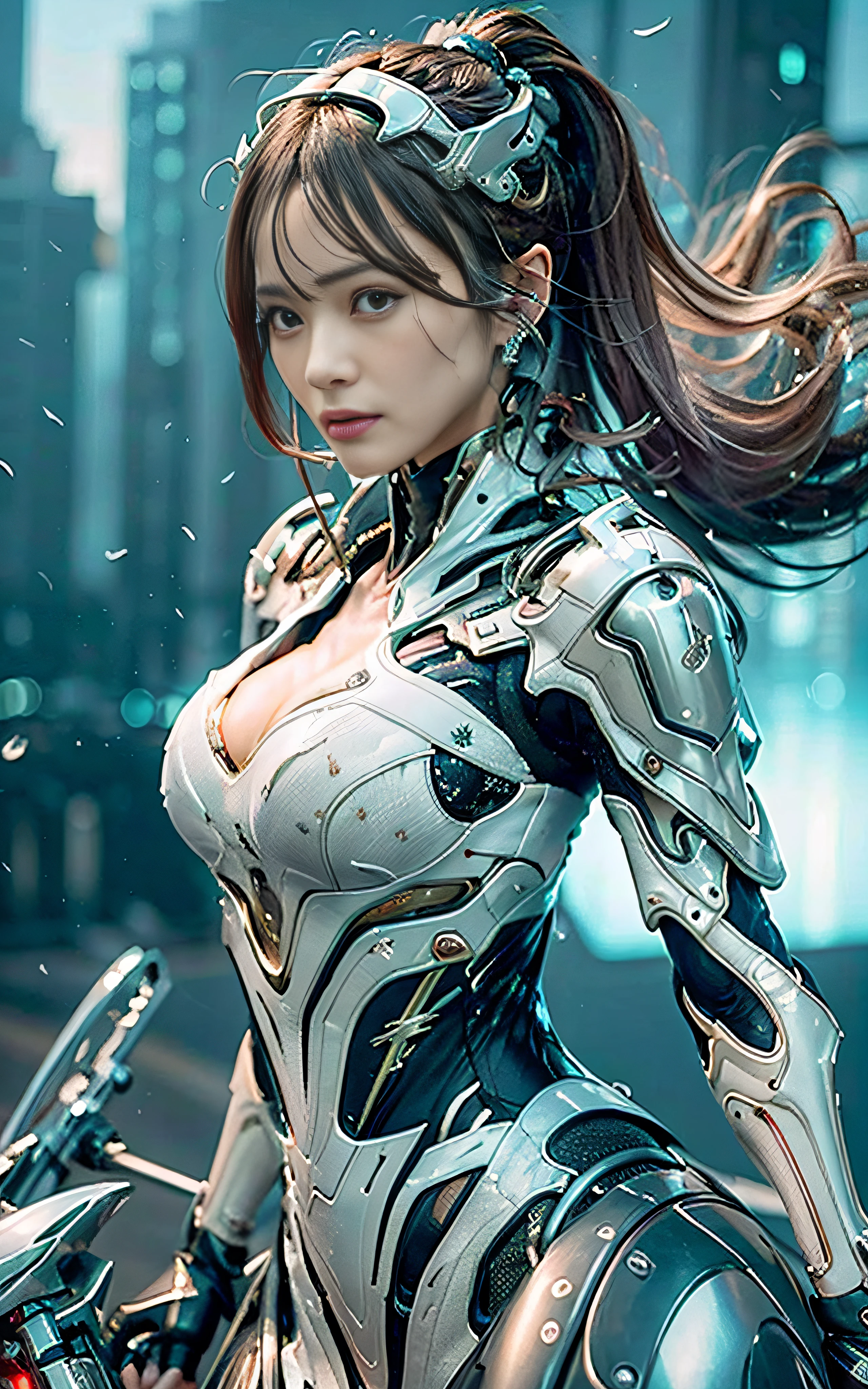 ​masterpiece, top-quality, hightquality, (the future:1.1), (Madder Cyberpunk Suit), movie lights, (exquisite future), Beautiful and beautiful, ultra-detailliert, amazing composition, floating, depth of fields, (extremely details CG,Unity 8k壁纸), (beautiful detail background), beautiful hair details, dramatic lights, gogetta, mechs,Best Quality,超A high resolution,photoRealstic,tits out,cleavage of the breast,(Hair that flutters in the wind),((Angle from directly above)),(Looking at the camera),(Fashion poses),((thunder)),(Very strong wind),(Hair fluttering in strong wind),wetted skin