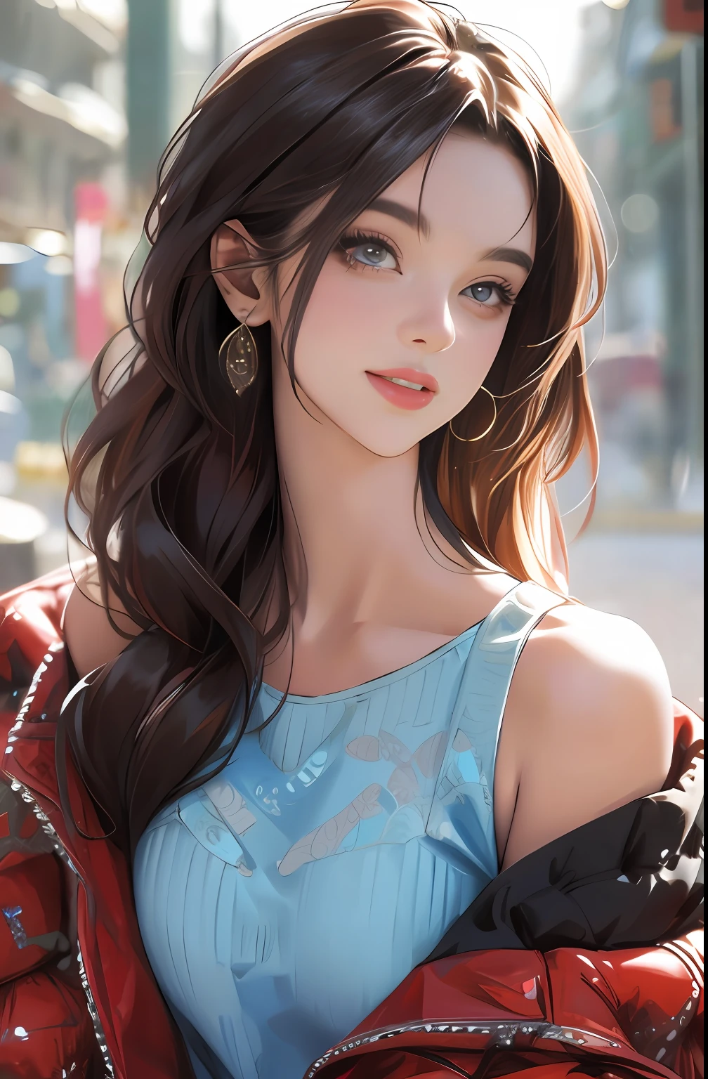 best quality, masterpiece, ultra high res, photorealistic, 1girl, offshoulder, smile