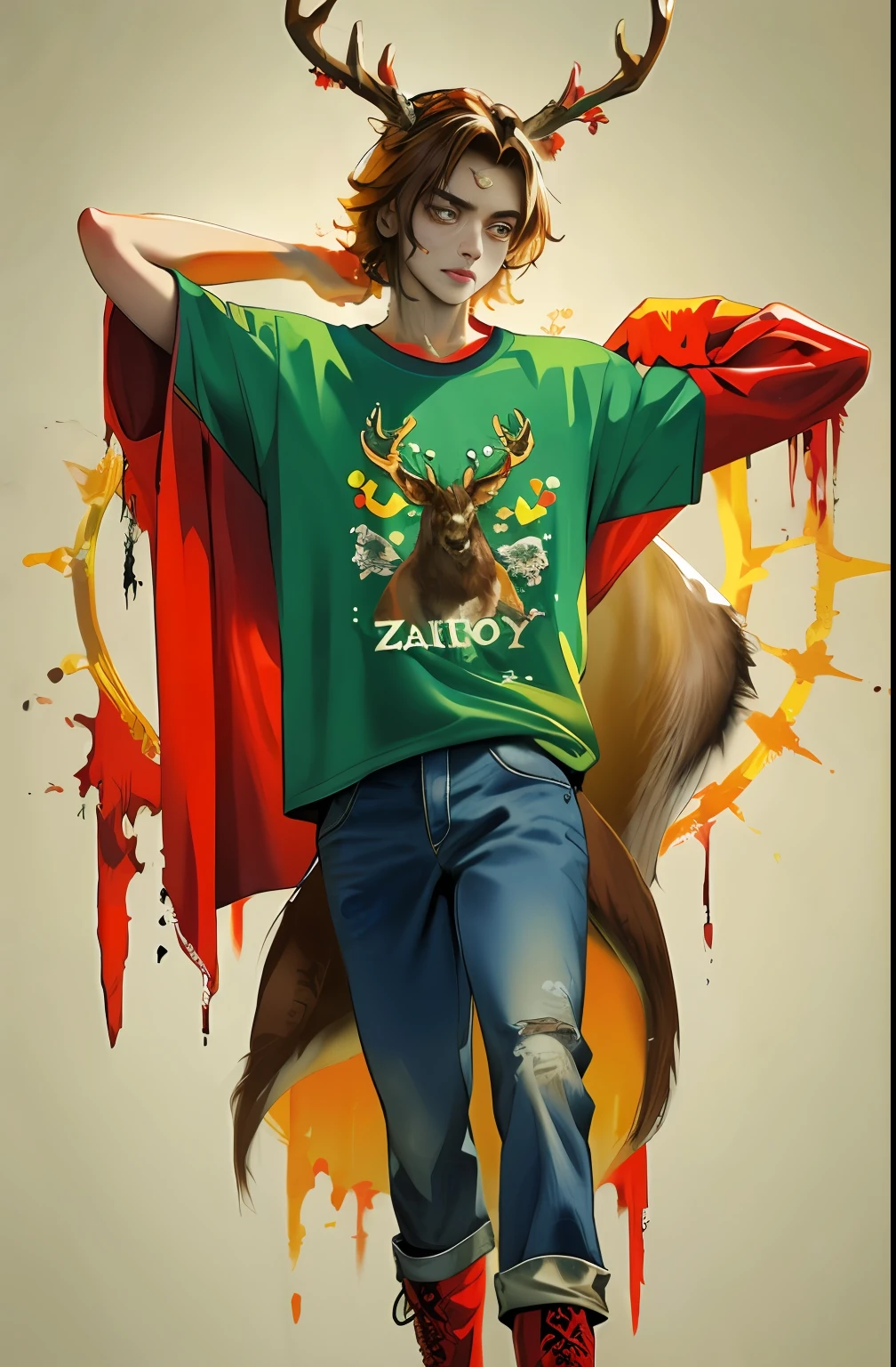 text saying "Here we go", Wild Stag Zombie King, Mysterious thriller, Colorful, Vintage style, (T-shirt design), Masterpiece realistic volumetric light