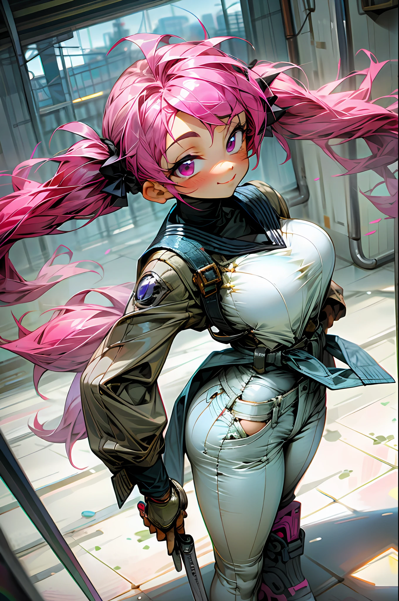 masterpiece,best quality,(blurry background),from above,(chibi:1.2),(very cute girl:1.5),(closed mouth) smile,(huge breasts),white camisole,blue hotpants,purple eyes BREAK blue sky,(twintails,pink:1.3) hair,