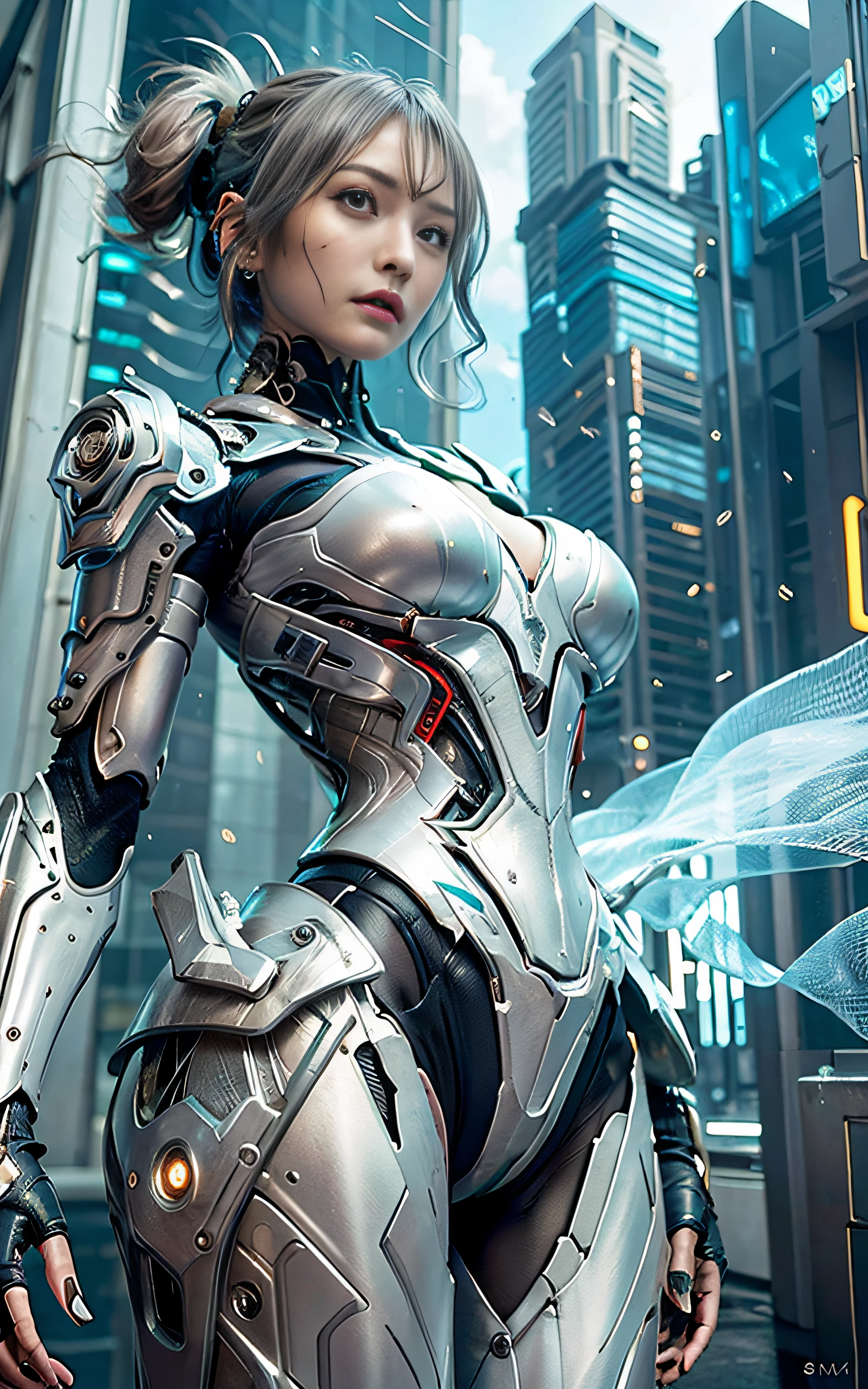 ​masterpiece, top-quality, hightquality, (the future:1.1), (Silver-ash colored cyberpunk suit), movie lights, (exquisite future), Beautiful and beautiful, ultra-detailliert, amazing composition, floating, depth of fields, (extremely details CG,Unity 8k壁纸), (beautiful detail background), beautiful hair details, Very short,Short hair dramatic light, gogetta, mechs,Best Quality,超A high resolution,photoRealstic,tits out,cleavage of the breast,(Hair that flutters in the wind),((Angle from below)),(Angry look),(Fashion poses),((thunder)),(Very strong wind),(Hair fluttering in strong wind),Wet,