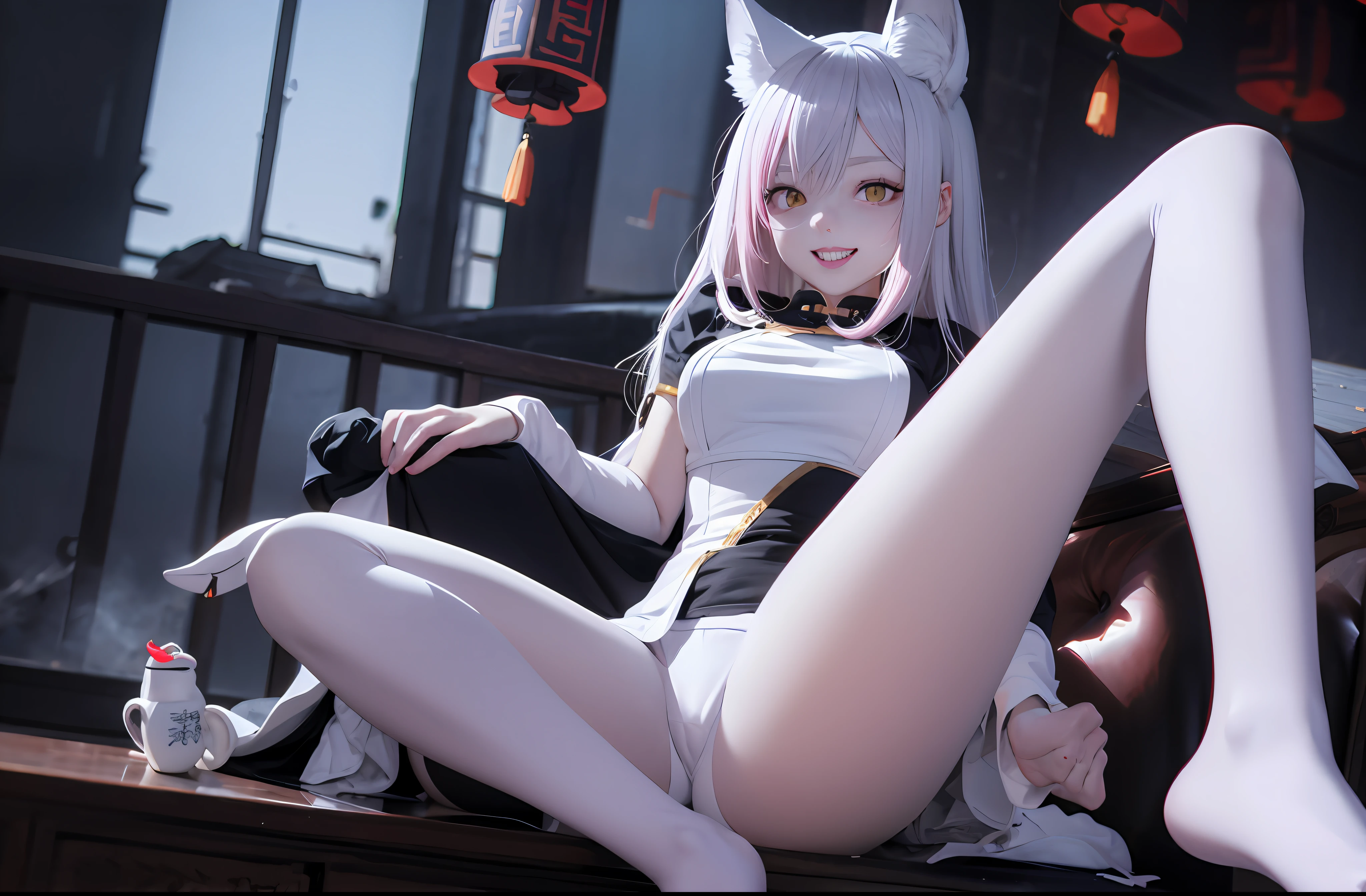 Need,tmasterpiece,Pink hair gradients to gray hair,Golden eyes,Look ahead,full bodyesbian,Hairline,Fair skin,Hair flying,A seductive smile,White tights,White knee-length socks,Beth,The hand emits flames,Titillating,White animal ears,The butt has a white fox tail,Taoist uniform,Maoshan Taoist,Zombie suit,Remove occlusion,Evil laughter